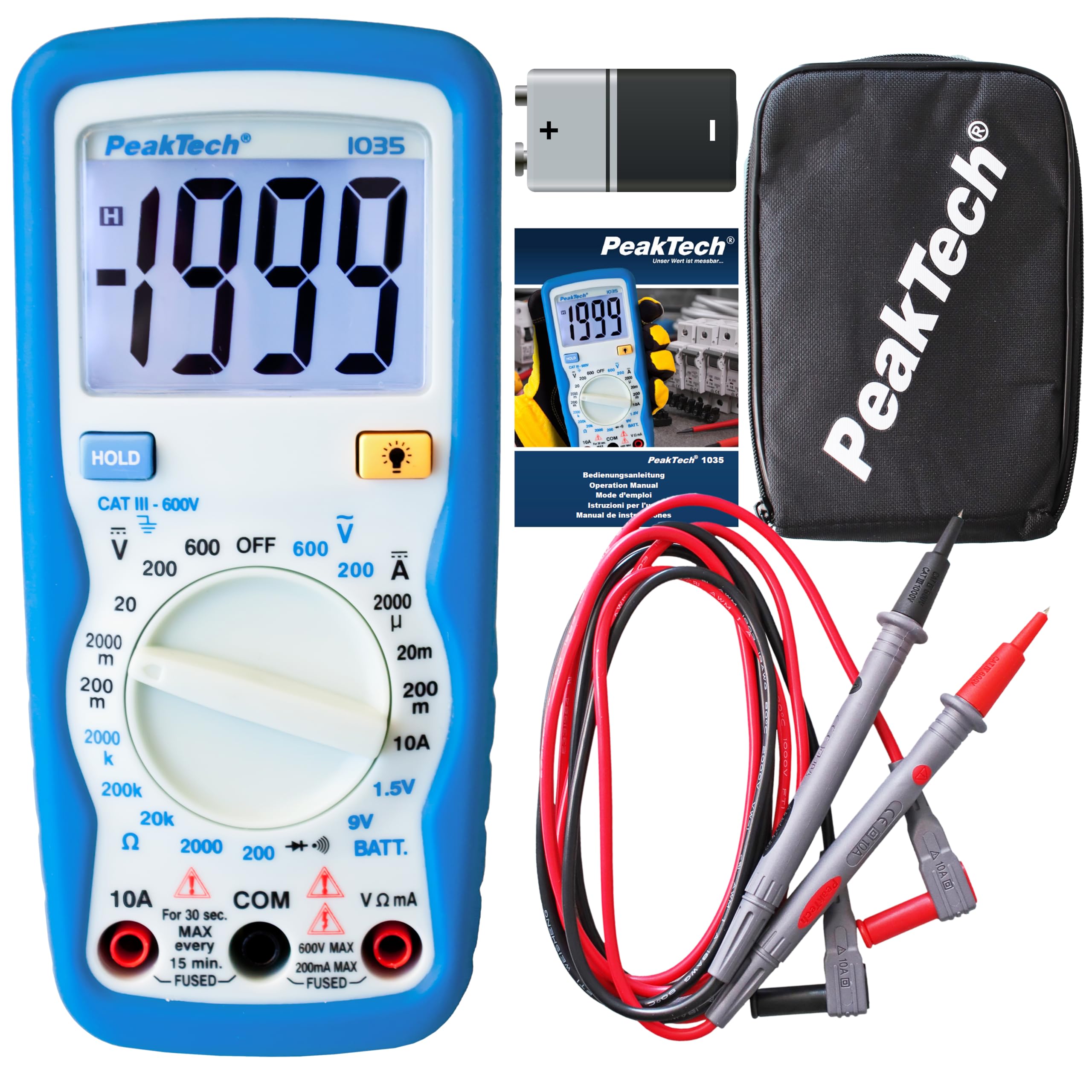 PeakTech 1035 – Multímetro digital CAT III con pantalla, probador de batería, multímetro de mano, dispositivo de medición, voltímetro, medición de corriente, probador de continuidad - máx.600 V