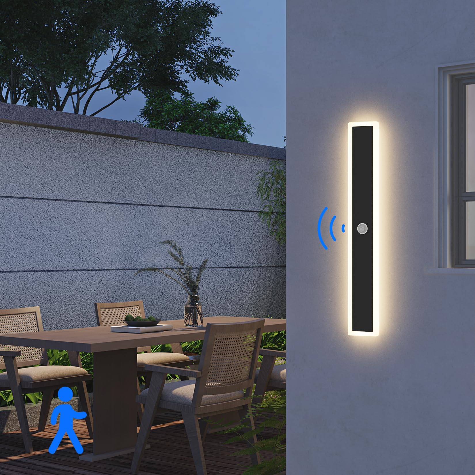 Klighten Led Lunga Applique da Esterno/Interno, Lampada da Parete con Sensore di Movimento 60CM/20W, IP65 Luce da Parete Acciaio inossidabile+Acrilico, per Villa/Terrazzo, Bianco Caldo 3000K, Nero