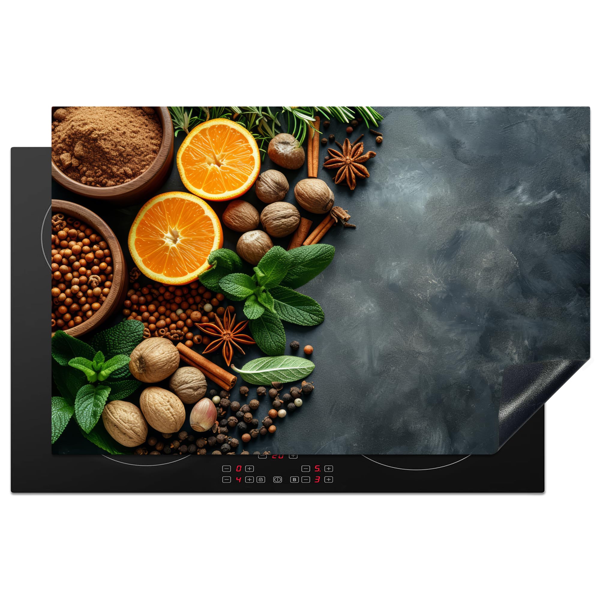 KitchenYeah© Induction Hob Protector Mat 20.5"x31.5" / 80x52 cm Stove Cap Top Cover Kitchen Cooker Covers for Electric Hobs Vinyl Herbs - Fruit - Concrete - Nuts - Orange