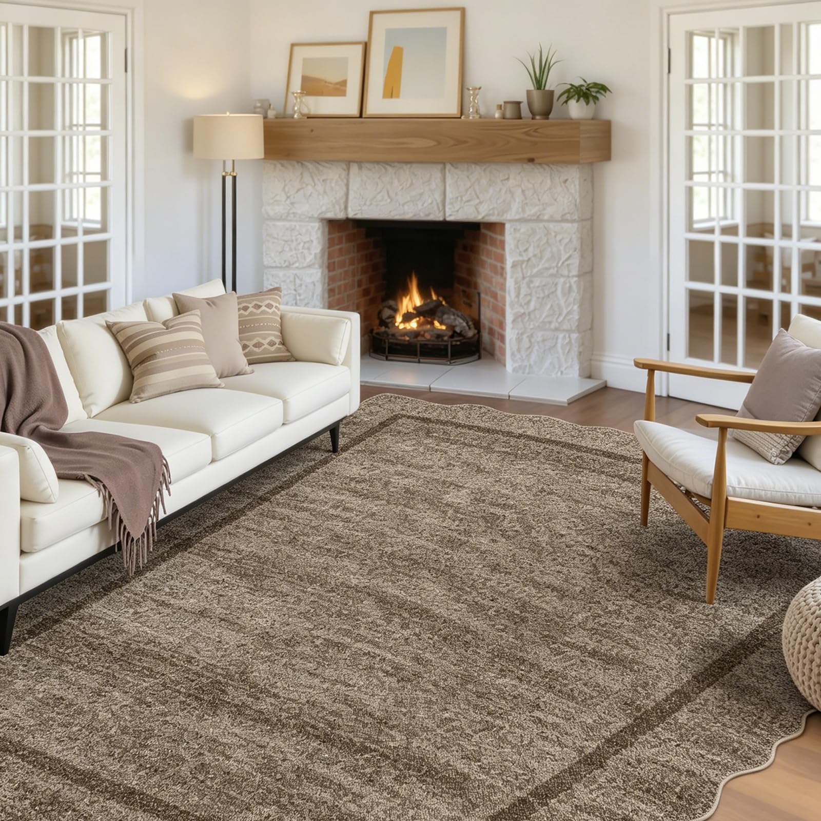 CAROMIO 200x290cm Modern Scalloped Rug Washable for Living Room Dark Brown