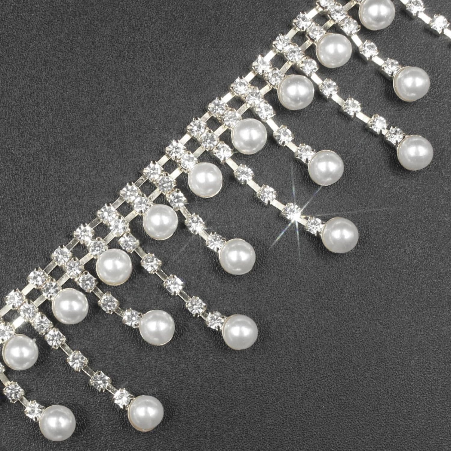 PEARLY JUN 2 Yards Pearl Rhinestone Trim Chain Silver Crystal Fringe Diamond Applique Ribbon String Tassel Strip for Sewing Wedding Dress Crafting Crafts Flower Embellishments