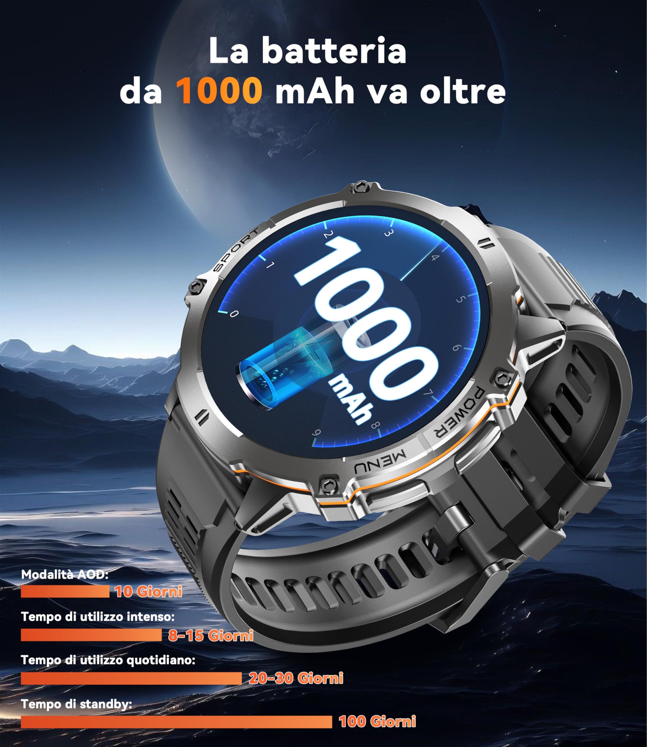 OUKITEL Orologio Smartwatch Uomo BT13 - Militare Smart Watch Tracker Attività con Chiamate Bluetooth 1000mAh 1.73" AMOLED 100+ Sportive IP68 Impermeabile Cardiofrequenzimetro/SpO2 per Android iOS