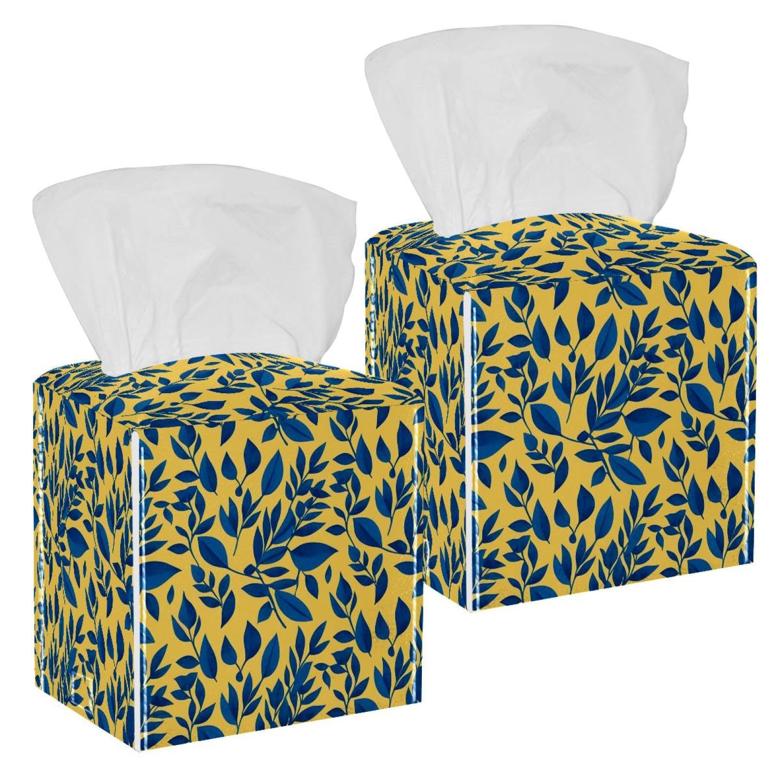 Artistic Leaves Tissue Box Cover, 2 Pack PU Leather Square Facial Tissue Dispenser Box holder for Home Office Car