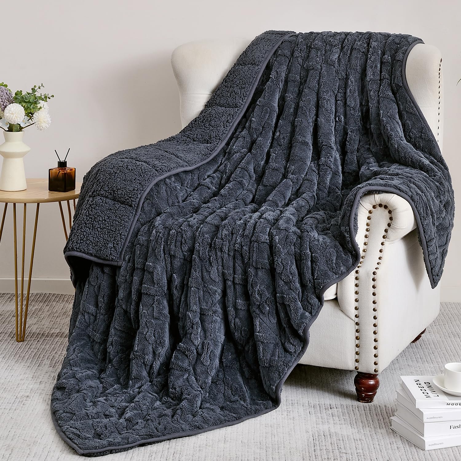 Uttermara Weighted Blanket Queen Size 15 Pounds 60 x 80 Inches, Tufted Cable Pattern Weighted Blanket for Adults, Unicolor Ultra-Soft Thick Heavy Blanket for Sofa Full Size Bed, Dark Grey