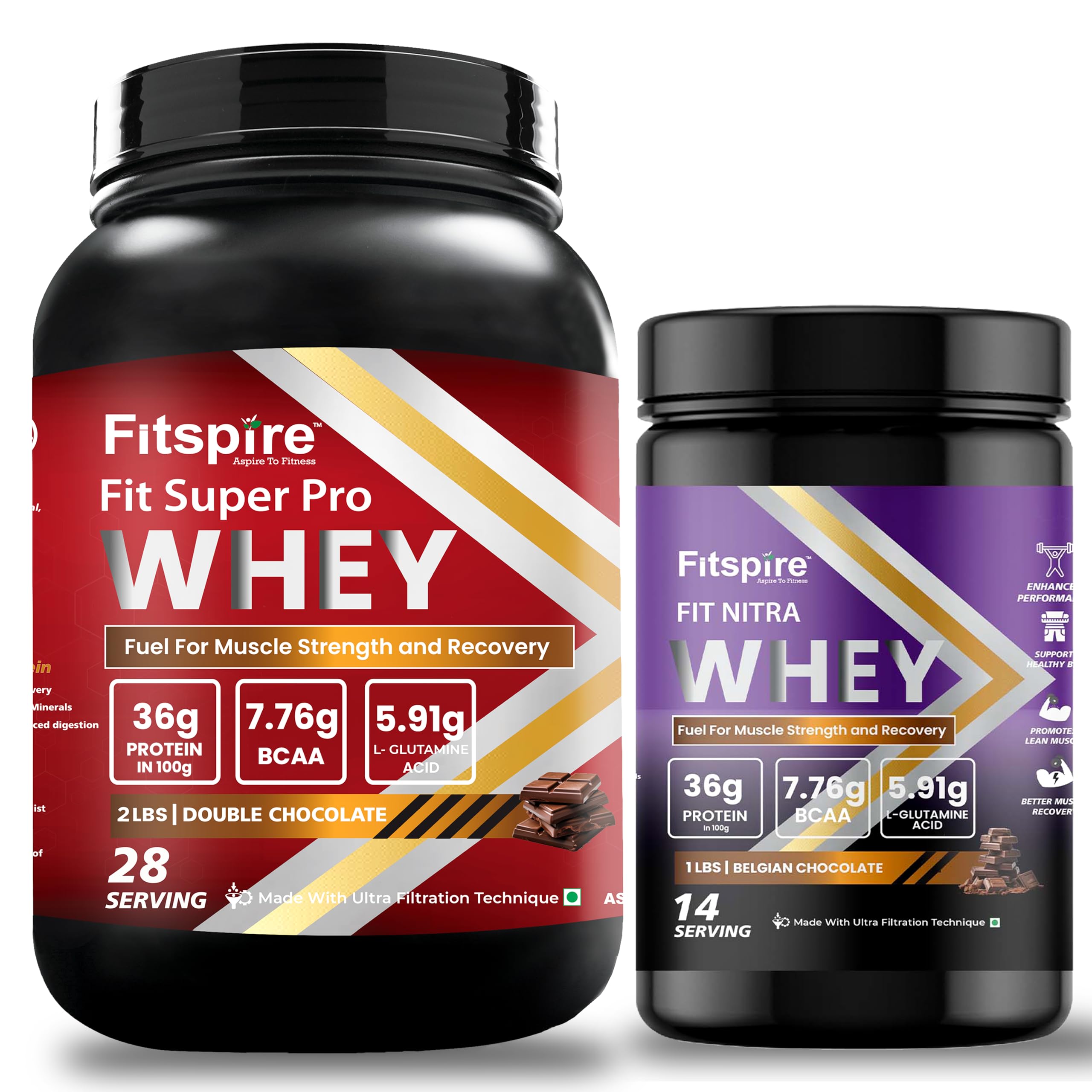 Fitspire Fit Super Pro & Nitra Whey Protein | 36g Protein | 7.76g BCAA | 0 Added Sugar | Muscle Growth & Recovery | Digezyme for Easy Digestion-(Double Chocolate & Belgian Chocolate,3 lbs)