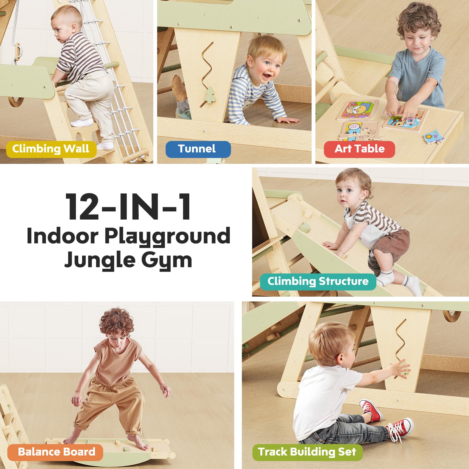 Triángulo de Escalada Infantil 12 en 1 Gimnasio Montessori Psicomotricidad Parque Interior para Niños Estable Conjunto de Juguetes de Madera con Tobogán, Muro, Red, Balancearse, Pizarra 1+ Años