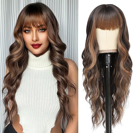 NAYOO Long Brown Wigs with Bangs for Women Curly Wavy Hair Wigs Heat Resistant Synthetic Fiber Wigs for Daily Party Use 26 Inches (Dark Brown Mixed Chestnut) NAYOO Long Brown Wigs with Bangs for Women Curly Wavy Hair Wigs Heat Resistant Synthetic Fiber Wigs for Daily Party Use 26 Inches (Dark Brown Mixed Chestnut)