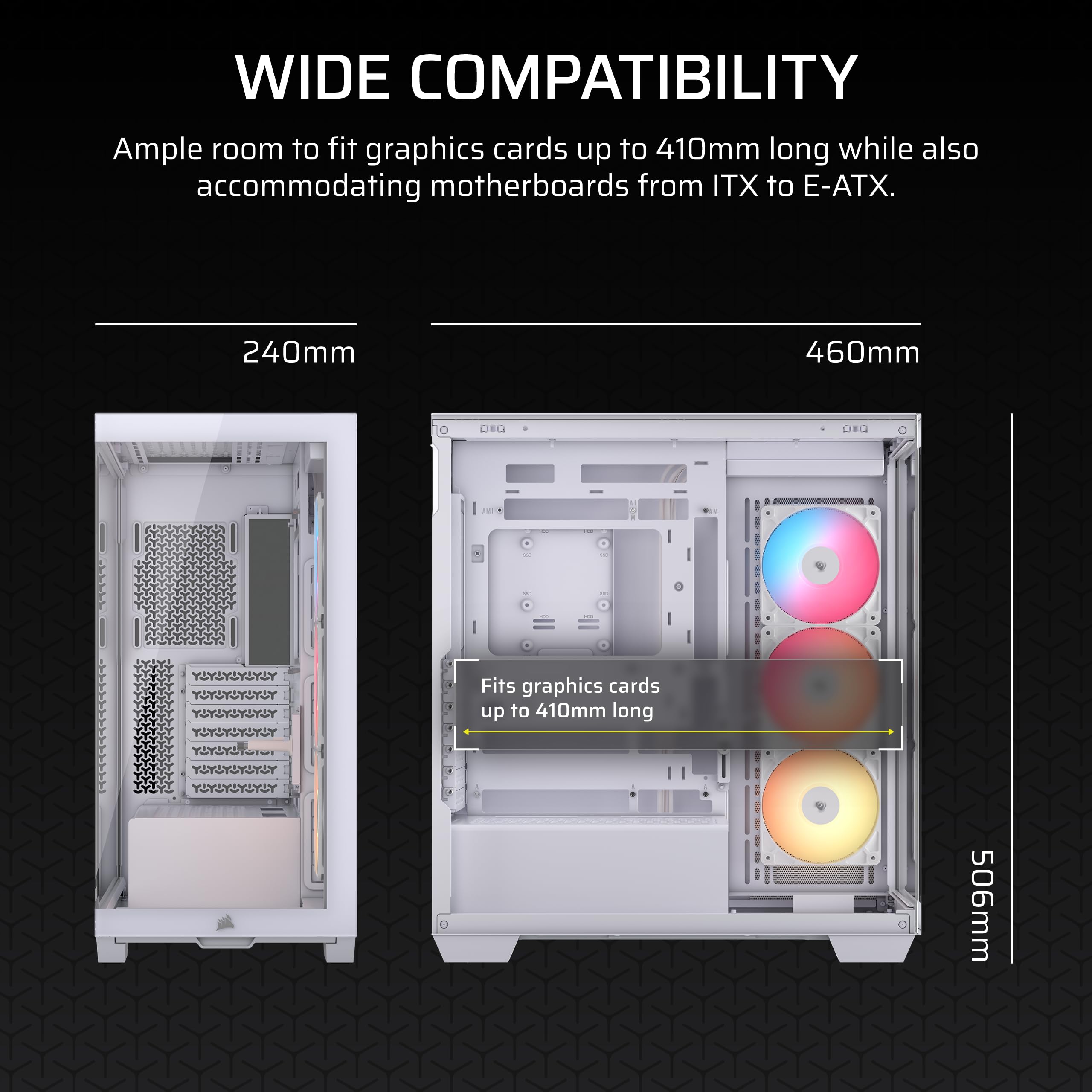 CORSAIR 3500X RS-R ARGB Panoramic Mid-Tower PC Case – 3x Pre-Installed RS120-R ARGB Fans, GPU Anti-Sag Arm, Fits up to 10x 120mm Fans, Reverse Connection Motherboard Compatible – White — view 7