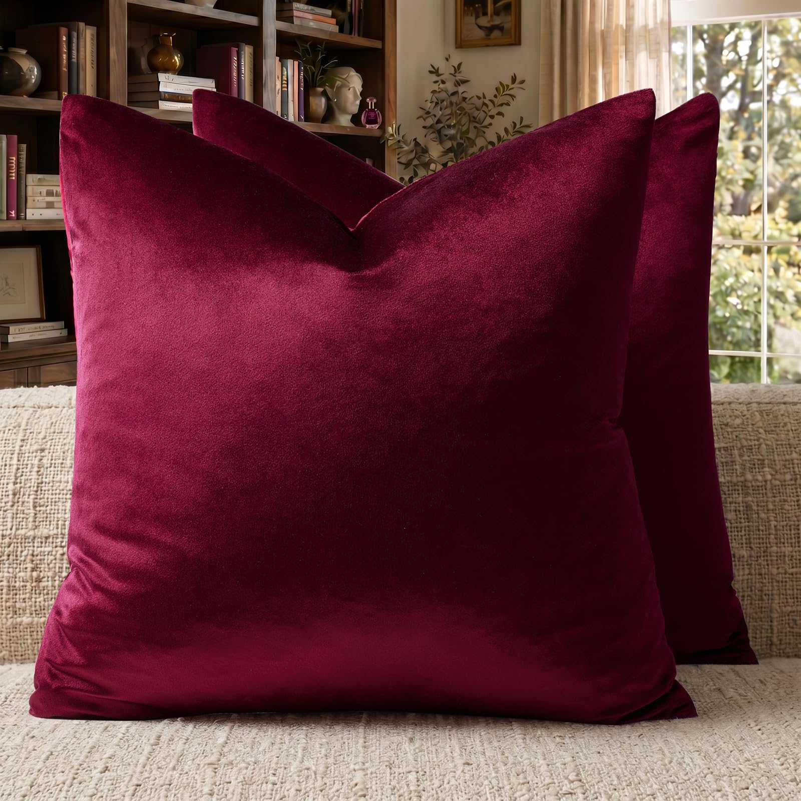 GIGIZAZA Velvet Pillow Covers 18x18: Pack of 2 Throw Pillows Soft Solid Covers - Burgundy Decorative Couch Small Cushion Covers Used for Chrismas Room Decor,Living Room,Bedroom,Sofa โ image 1