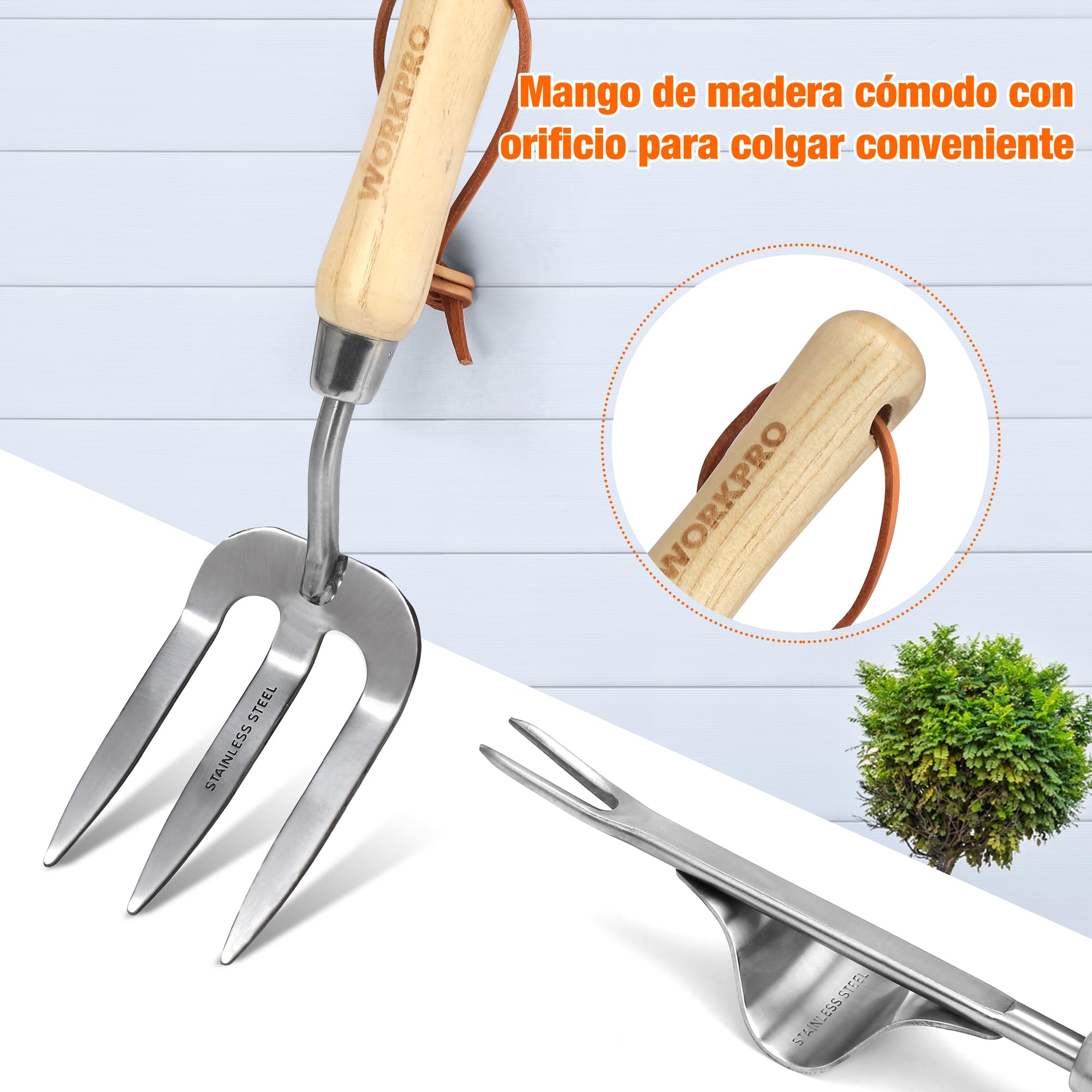 WORKPRO Juego de Herramientas para Jardín 8PC, Juego de Herramientas Jardinería de Acero Inoxidable, con Mango de Madera, Bolsa de Jardín