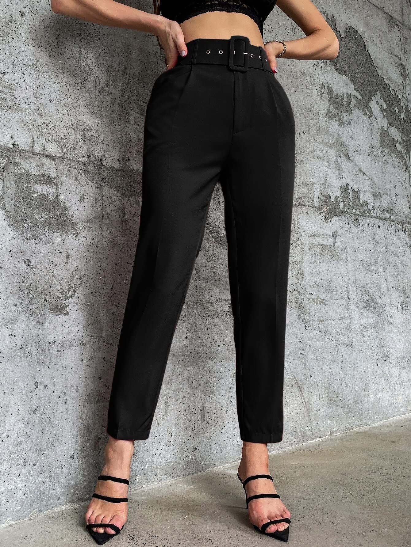 LIHANA Womens Summer Casual Pants Solid Belted Tapered Pants for Business Work Holiday