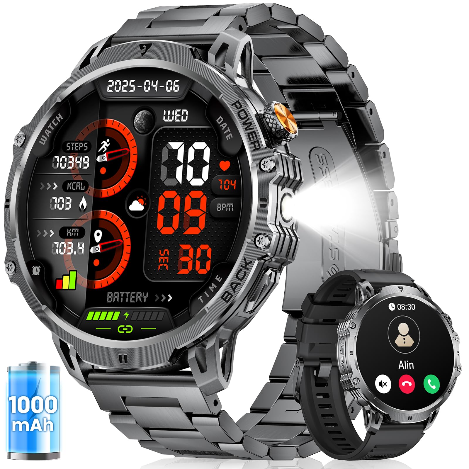 FITFLEX Smartwatch Uomo con Chiamata Bluetooth, 1,85"HD Grande Touch Screen Smart watch con 1000 mAh/luce LED/120 Modalità sportive/Frequenza Cardiaca/Monitor del Sonno/IP68 Impermeabile, Android IOS