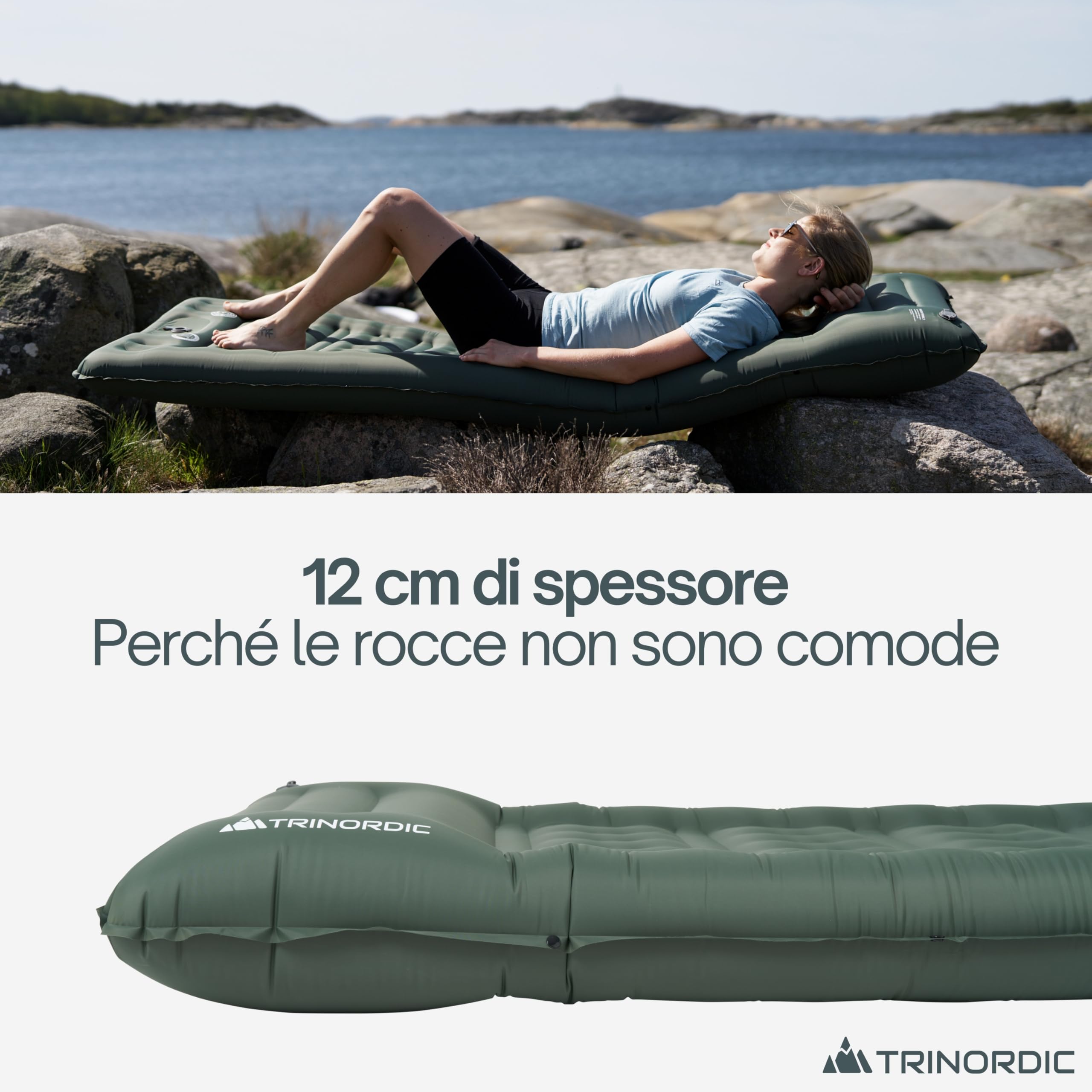 Trinordic Materassino Gonfiabile Spesso Campeggio - 12 cm Extra Spesso e Largo con Pompa a Pedale e Cuscino - Materasso Gonfiabile Singolo Leggero per Avventure, Trekking e Bikepacking
