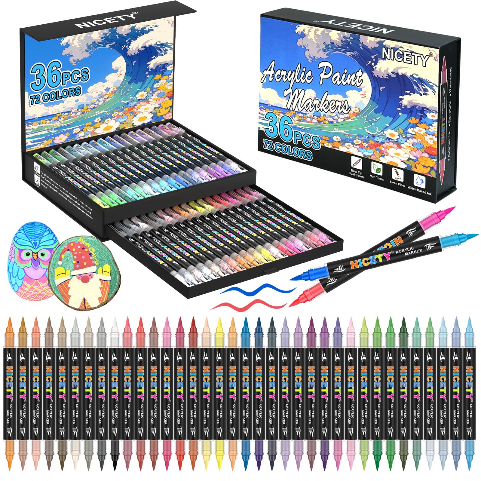 NICETY 72 Colores Rotuladores Acrílicos - 36 Marcadores de Punta Pincel para Pintar sobre Piedra, Madera, Vidrio, Cerámica - Doble Punta Doble Color Marcadores al Agua Global Recycled Standard Global Recycled Standard Global Recycled Standard