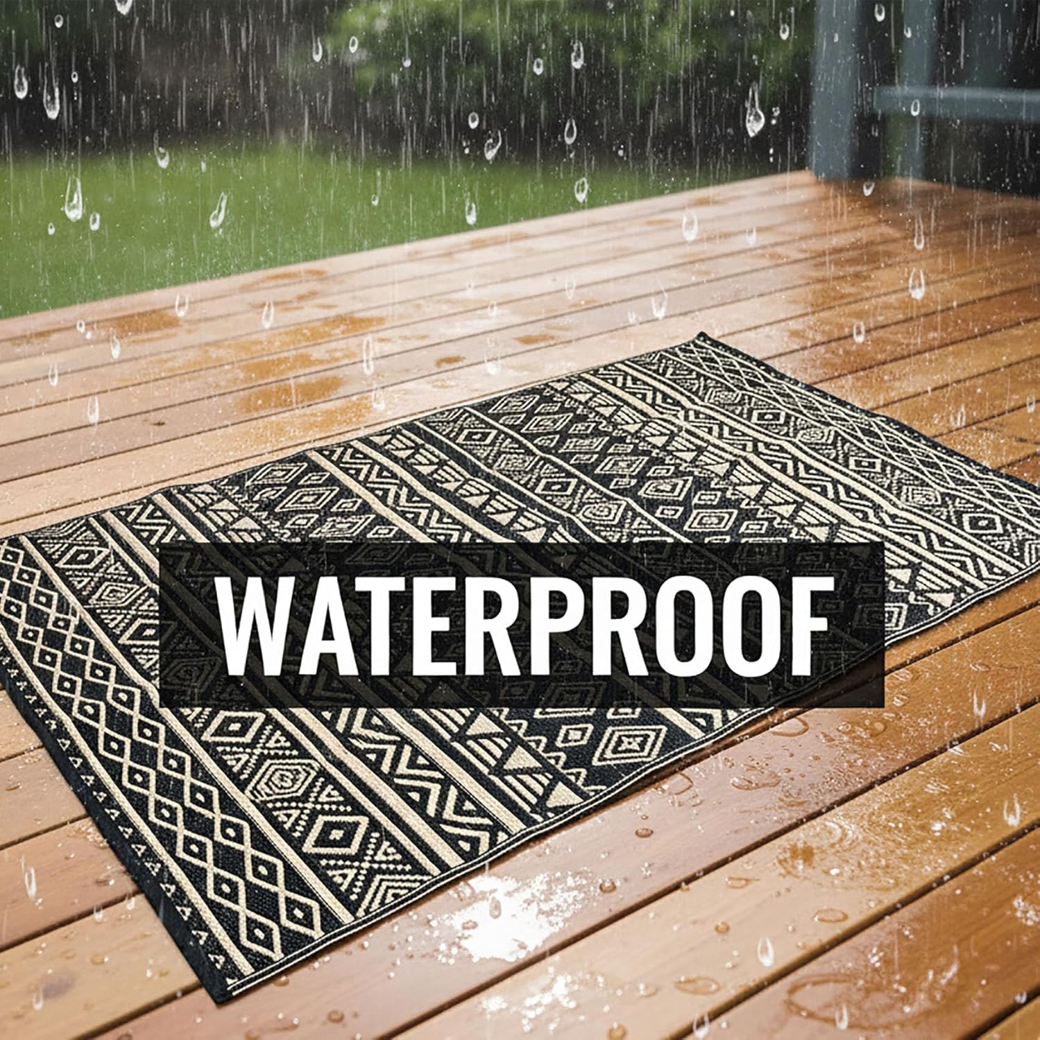 RURALITY Outdoor Rugs 8'x10' Waterproof for Patios Clearance,Plastic Straw Mats for Backyard,Porch,Deck,Balcony,Black&Beige