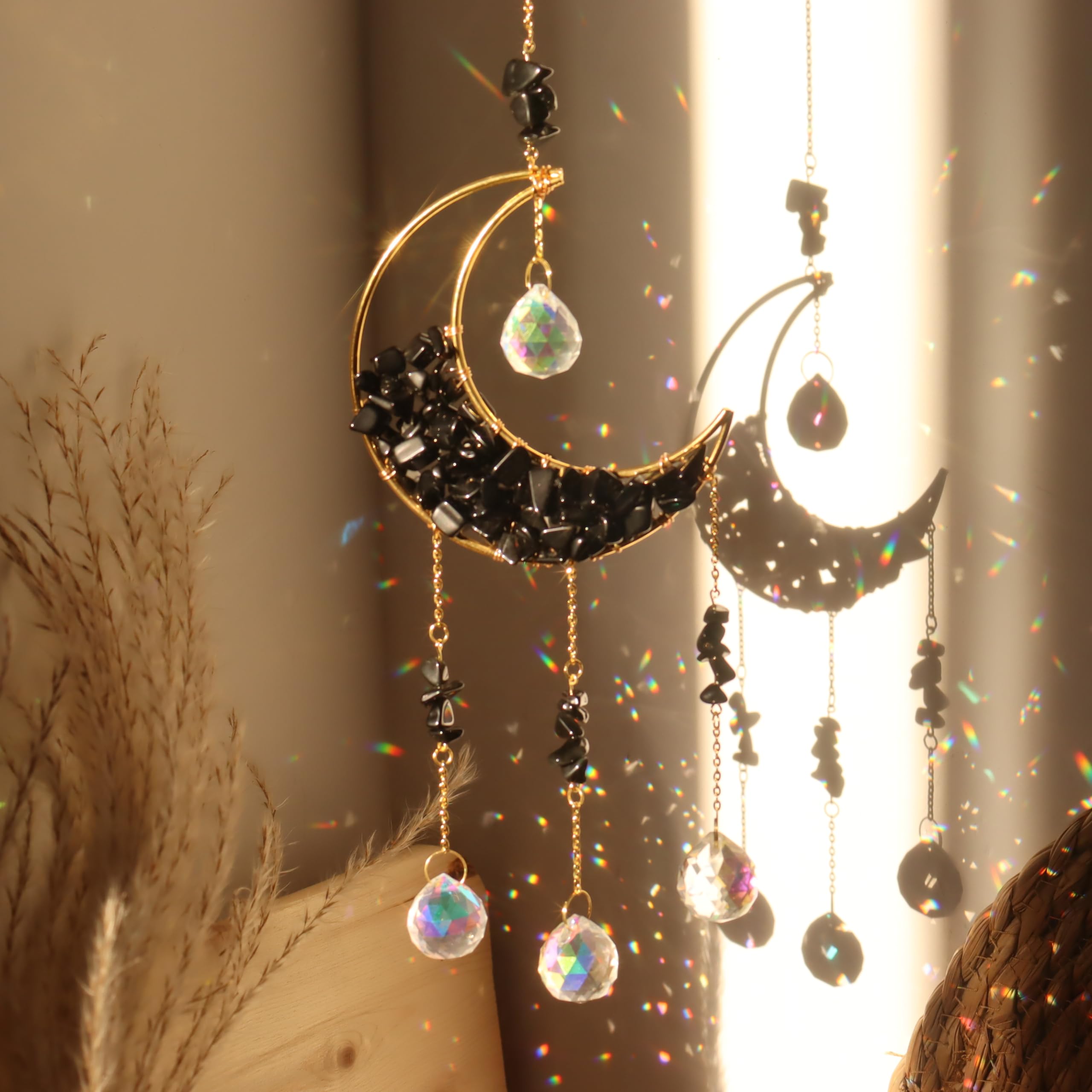 Moon Sun Catcher,Moon Crystal Dream Catcher,Meditation Crystal fit for Window Home Garden Decorations Room Car Garden Party Wedding Decor (Black)