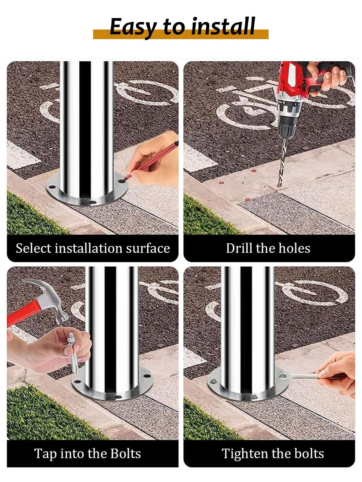 Bornes de sécurité amovibles en acier inoxydable avec éclairage solaire, bandes réfléchissantes et verrouillage pour la gestion de la circulation - Lot de 10 (75 cm x 9 cm) - Barrières d'all