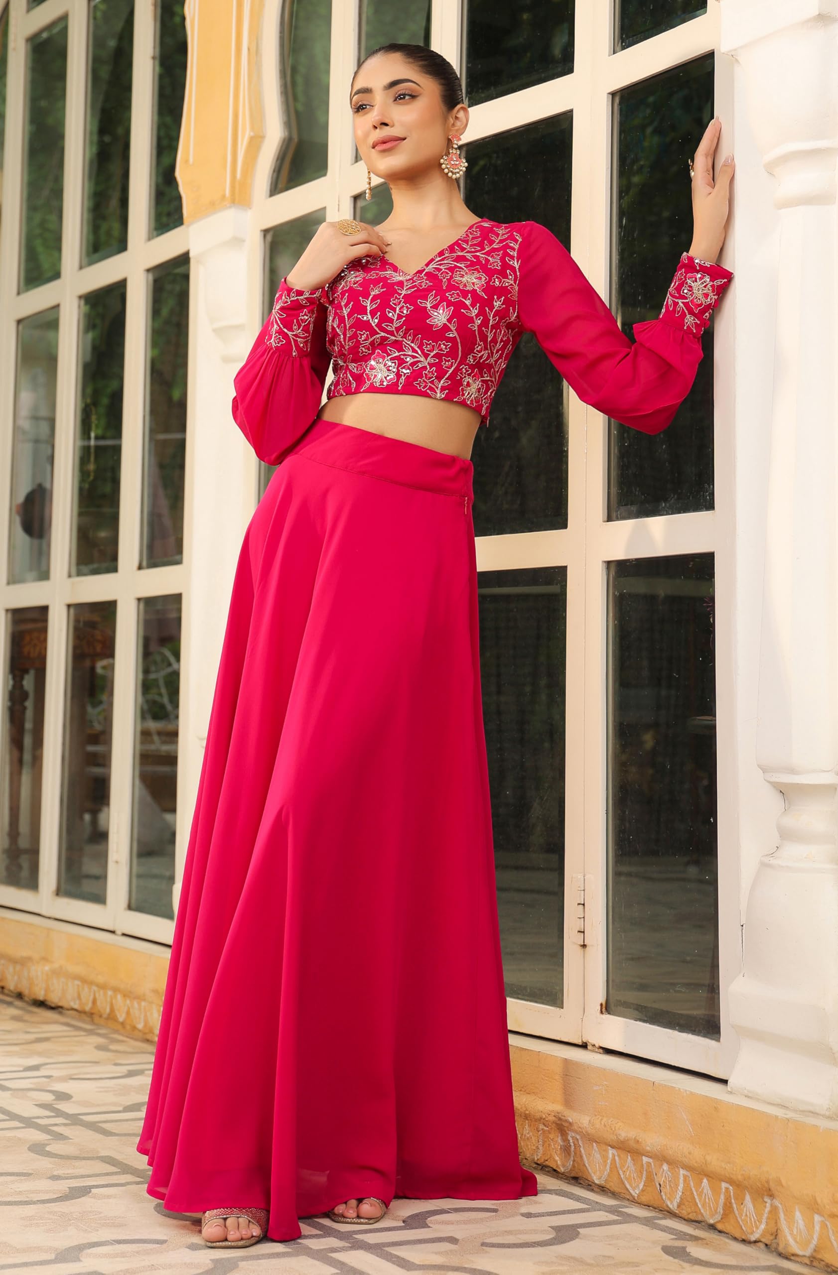 Janasya Women Georgette Embroidered Top & Skirt Pink Color Trending Outfit - Image 4 thumbnail
