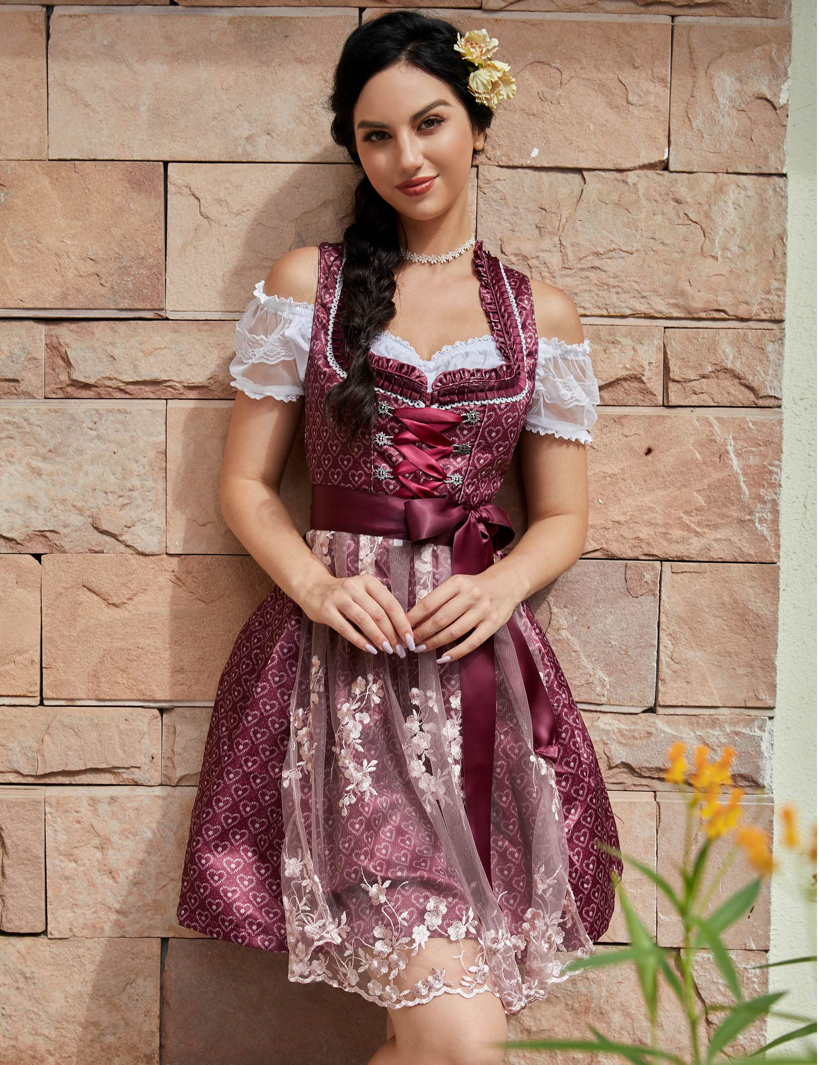 KOJOOIN Abito Donna Dirndl Bavaria Oktoberfest Set 3 Pezzi Camicia e Grembiule Dirndl Manica Corta Grembiule Bavarese Oktoberfest Cameriera Abiti da Festa