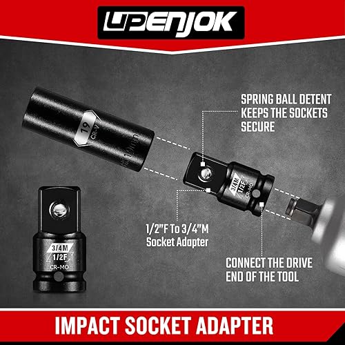 Miniatura 9 de Juego de adaptadores de vaso de impacto de 3 piezas, SAE estándar, 34" a 1", 34" a 12", 12" a 38" de acero Cr-Mo, destornillador de impacto y kit de