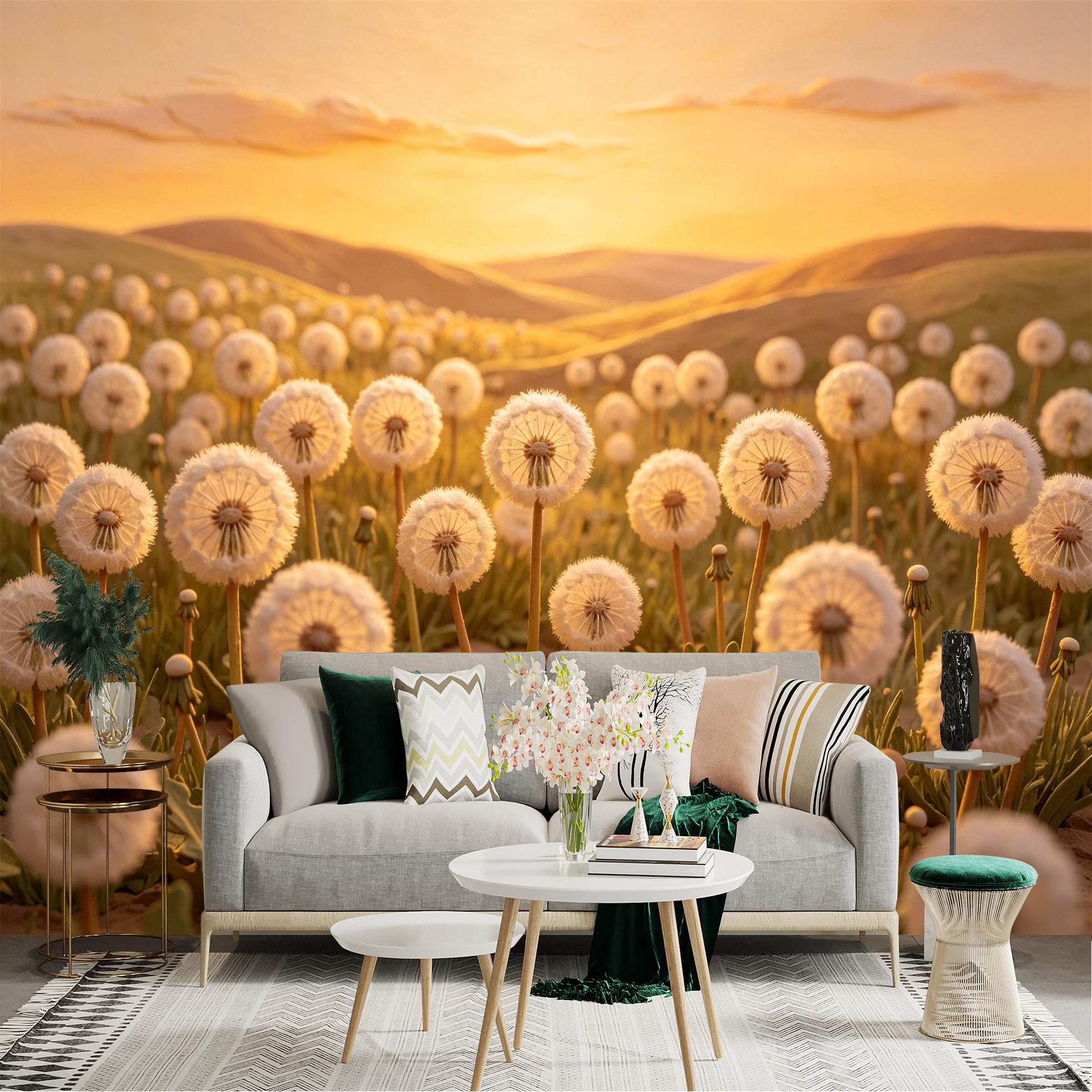 Lnzczhyre Dbh260521087 Custom Size Wall Sticker Mural， Fluffy Dandelion Field At Sunset， Warm Golden Hour Glow， Nature Botanical Decor， For Wall Decoration， Peelandstick Wall Decals.