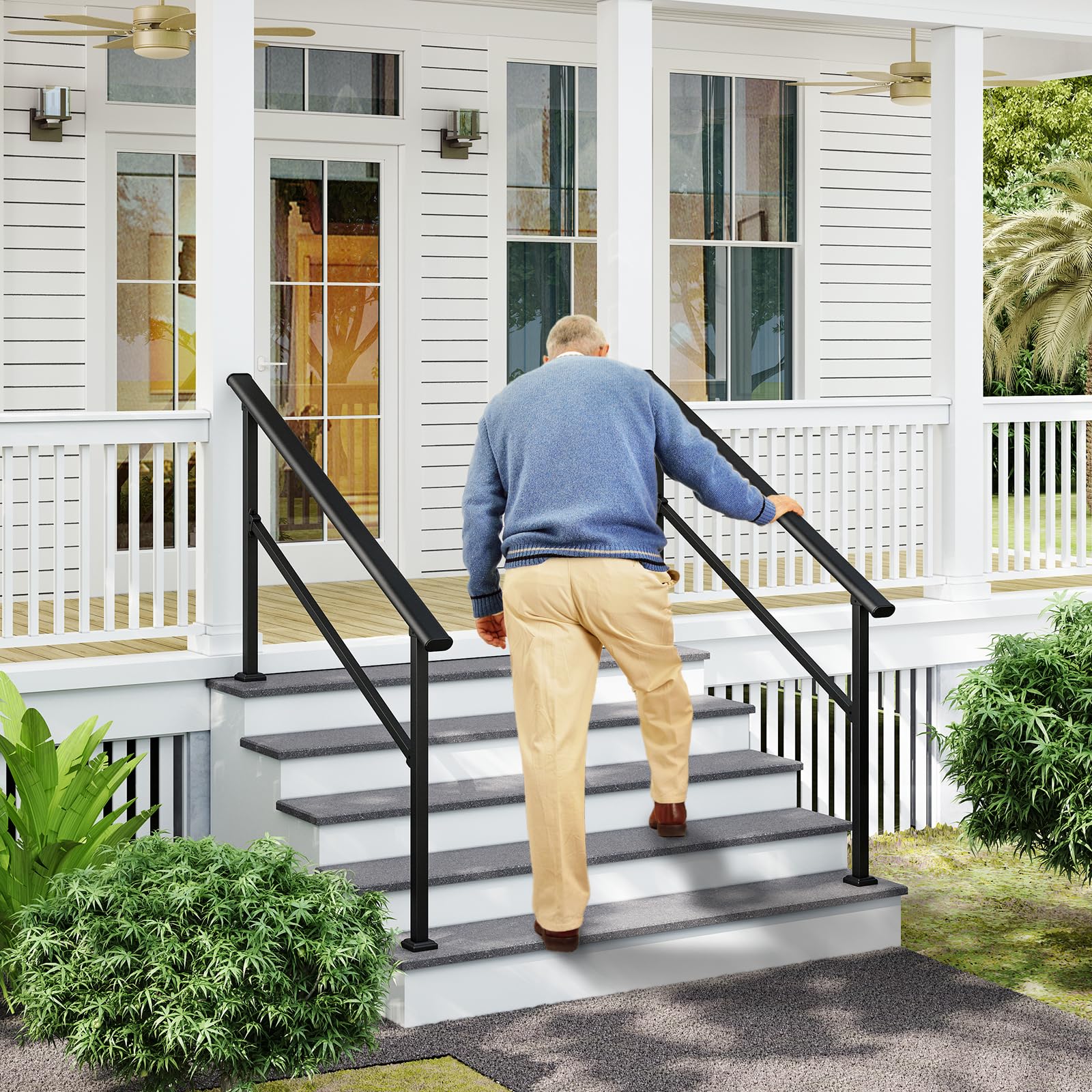 LOVMOR 2 Pack 5 Step Hand Rails for Outdoor Steps, Wrought Iron Railing, Exterior Hand Railing for Steps, Porch Railing Kit (4-5 Steps Handrail)