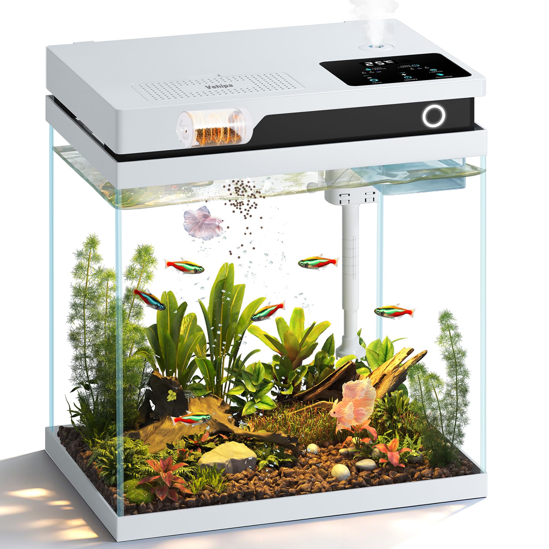 Vehipa 16L Acuario de Cristal, Pecera pequeña Completas de con Comedero Automático, Humidificador, Bomba Silenciosa 4 en 1, Indicador de Temperatura e luz 8 Colores Ajustables
