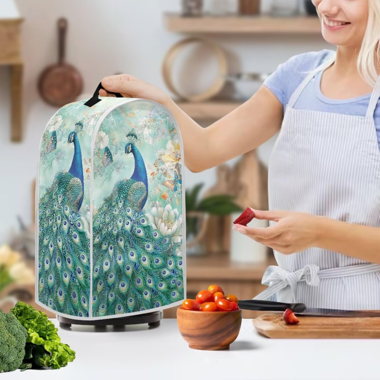 YUVAMAGIMO Peacock Small Blender Covers for Kitchen Counter with Top Handle Portable Food Processor Dust Cover Machine Washable Blender Storage Bag