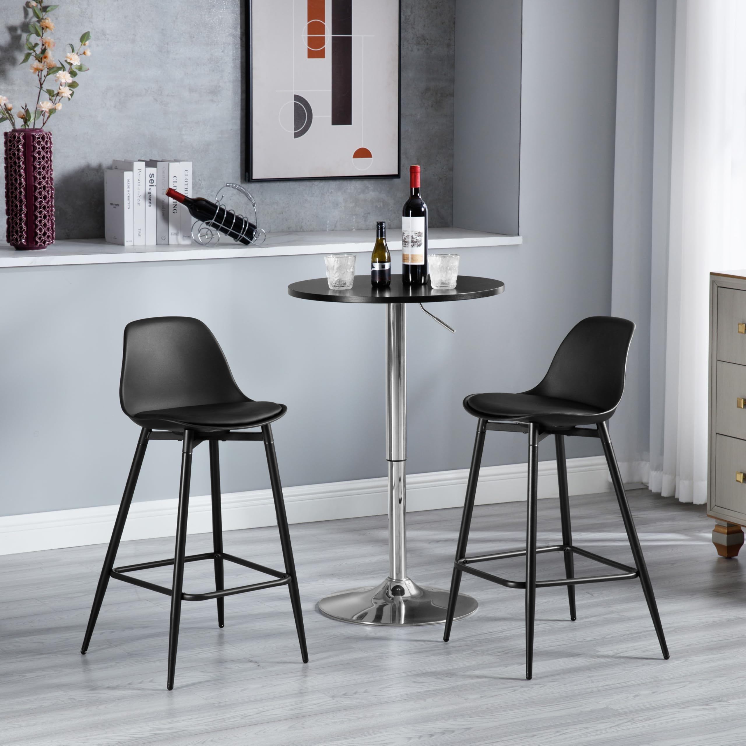 Lot de 2 Tabourets Bar, Tabourets de Bar pour Petit-Déjeuner, Tabourets de Cuisine avec Dossier, Siège Rembourré en PP et Cadre en Métal avec Repose-Pieds, Noir, K0001BH-2