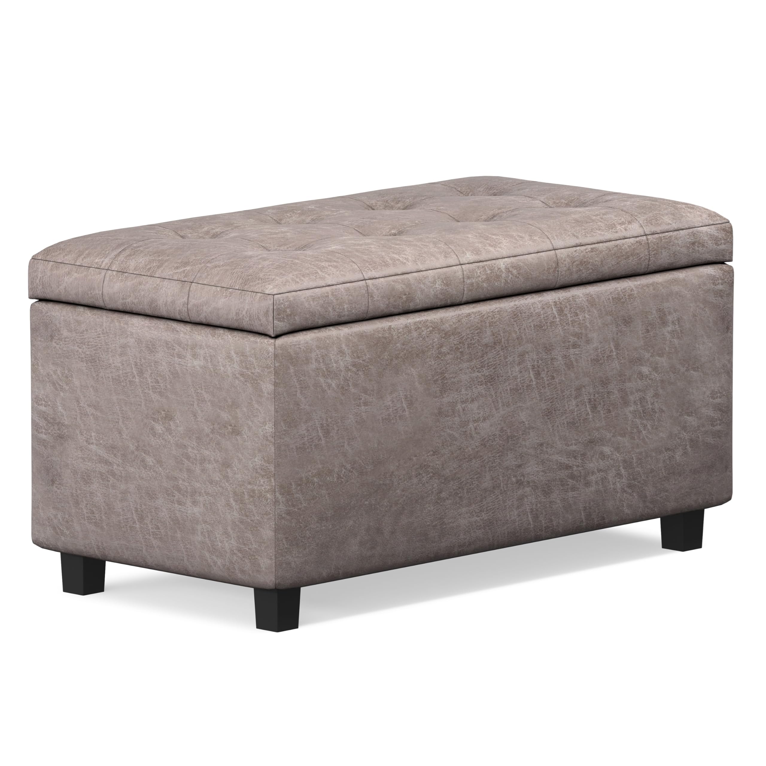 SIMPLIHOME Cosmopolitan Storage Ottoman - 34 inch Wide Upholstered Vegan Leather Rectangle Storage Ottoman Bench in Distressed Grey Taupe,
