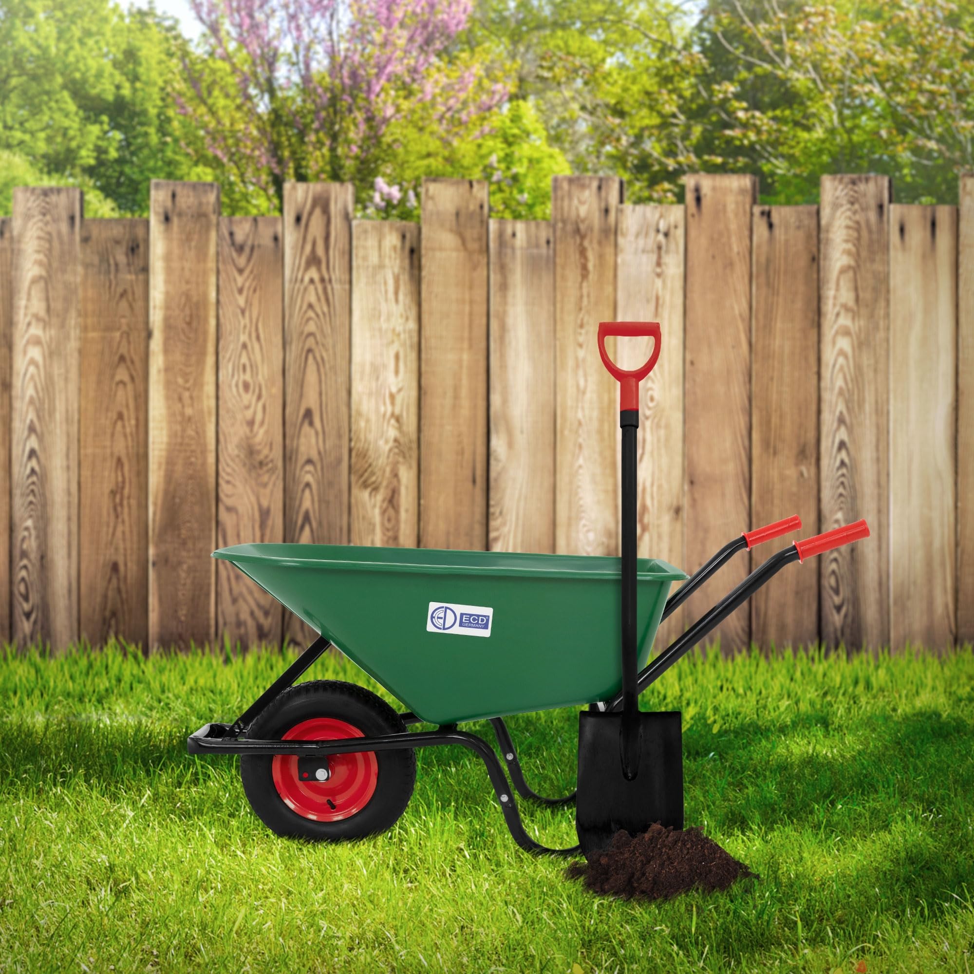 ECD Germany Carriola da Giardino con Telaio in Metallo e Vasca in Polipropilene Verde Capacità 100 L 150 kg per Trasporto con Ruota in Gomma Pneumatico Diametro 40 cm 16" Manici Lunghi