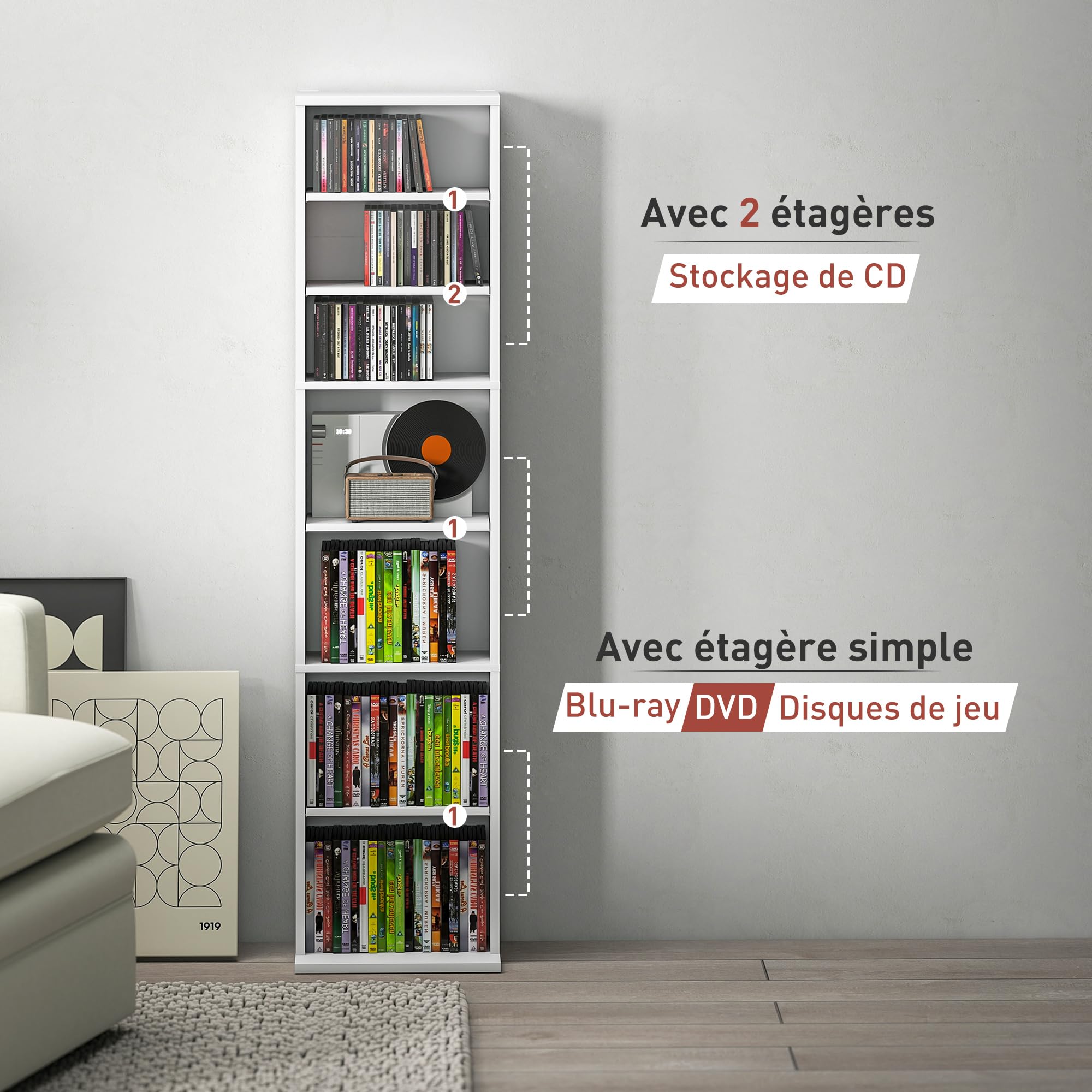 HOMCOM CD- und DVD-Aufbewahrung, Multimedia-Aufbewahrungsmöbel, max. Kapazität 260 CDs/120 DVDs, 9 Fächer und 6 verstellbare Regale, für Wohnzimmer, Schlafzimmer, Büro, 33 x 24 x 140 cm, weiß
