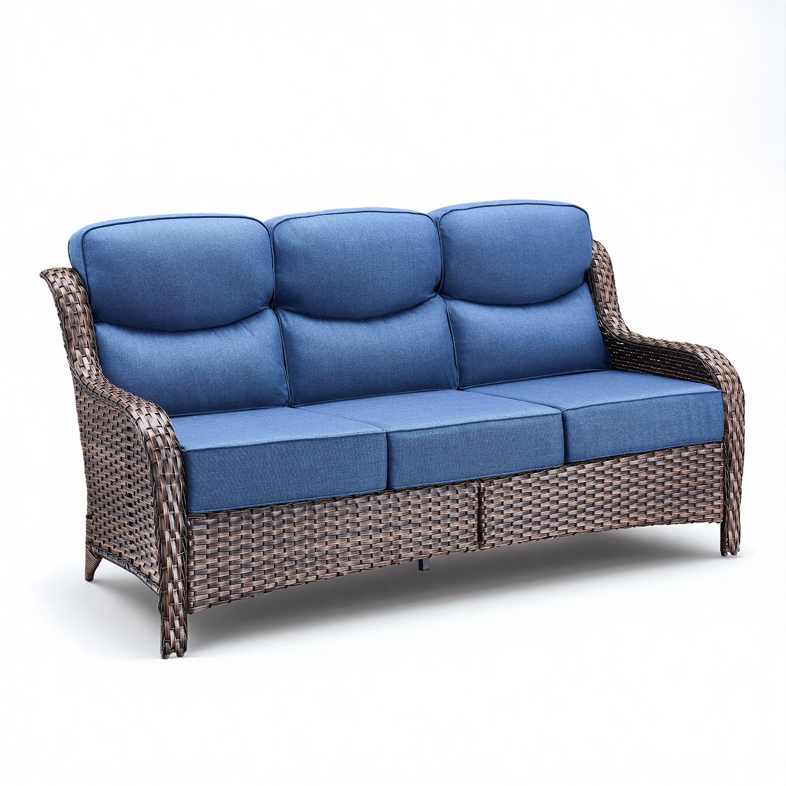 Wicker Patio Sofa with 6" Thick Cushions, All-Weather Outdoor Rattan Couch with High Backrest and Deep Seat, Outdoor Patio Sofas for Porch, Yard, Garden, Brown/Blue
