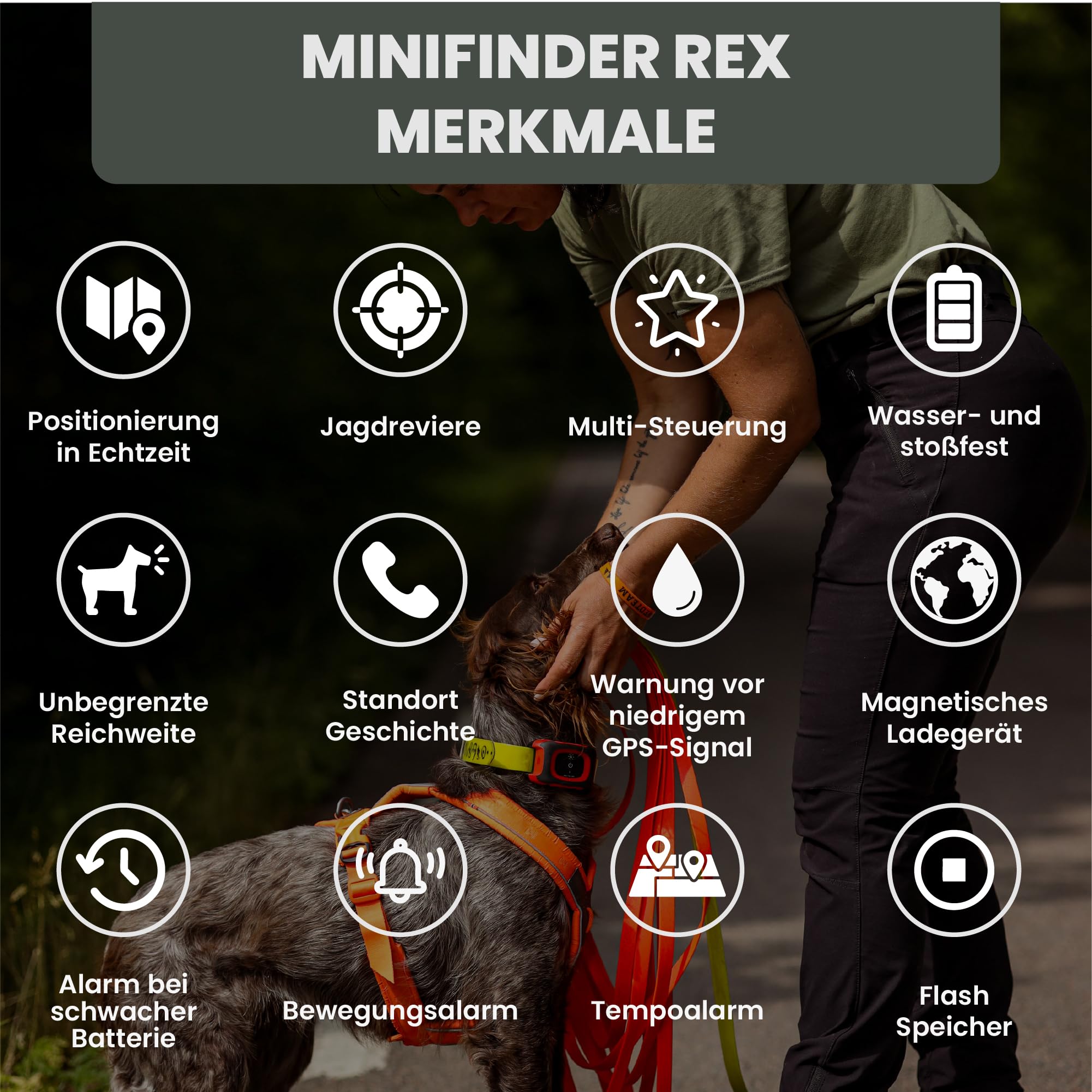 MiniFinder Rex GPS-Tracker für Jagdhunde - Echtzeit-Ortung per App, wasserdicht & robust, Langstrecken-Hundetracker für Wildschwein- und Hirschjagd