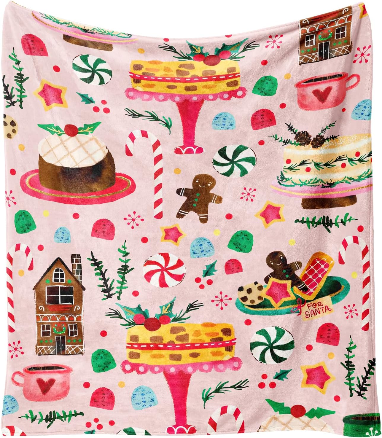 Throw Blanket for Couch 60"x50",Pink Winter Holiday Festival Cute Gingerbread House Cake Trees Blankets for Woman,Soft Flannel Fleece Throws for Home Living Room Bed Chair Decor