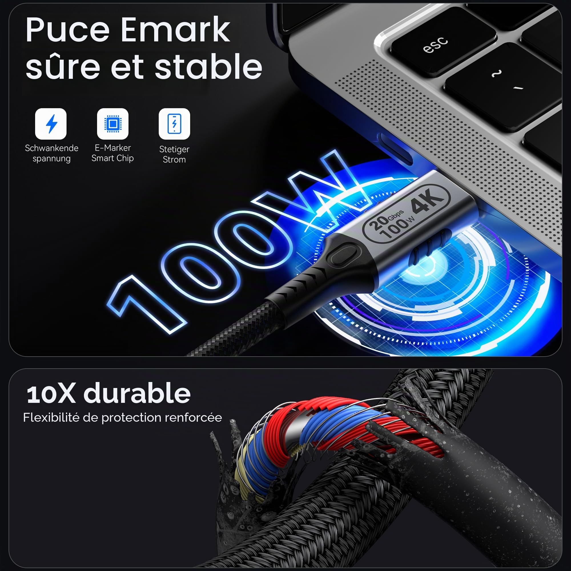 Câble USB C 6m PD 3.0 Cable USB C Charge Rapide Type C Nylon Tressé,100W 20V/5A câble usb c charge rapide, Transmission vidéo 4K @ 60Hz pour téléphones mobiles, moniteurs, dispositifs