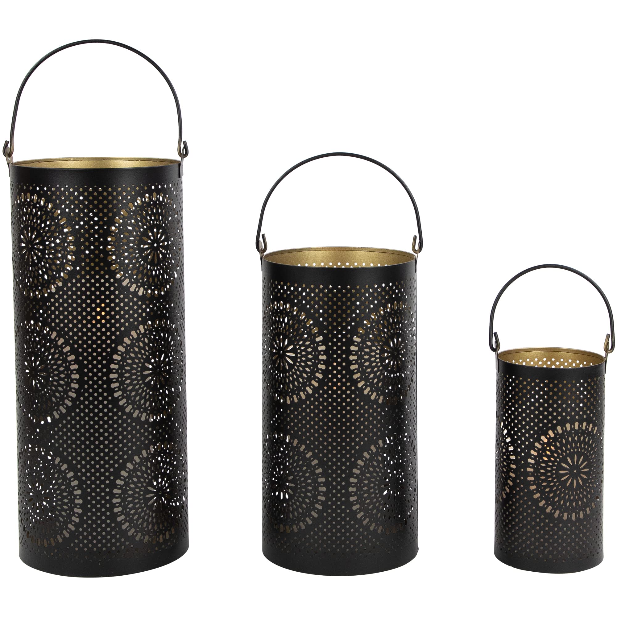 Northlight Set of 3 Black and Gold Decorative Floral Cut-Out Pillar Candle Lanterns 12.5