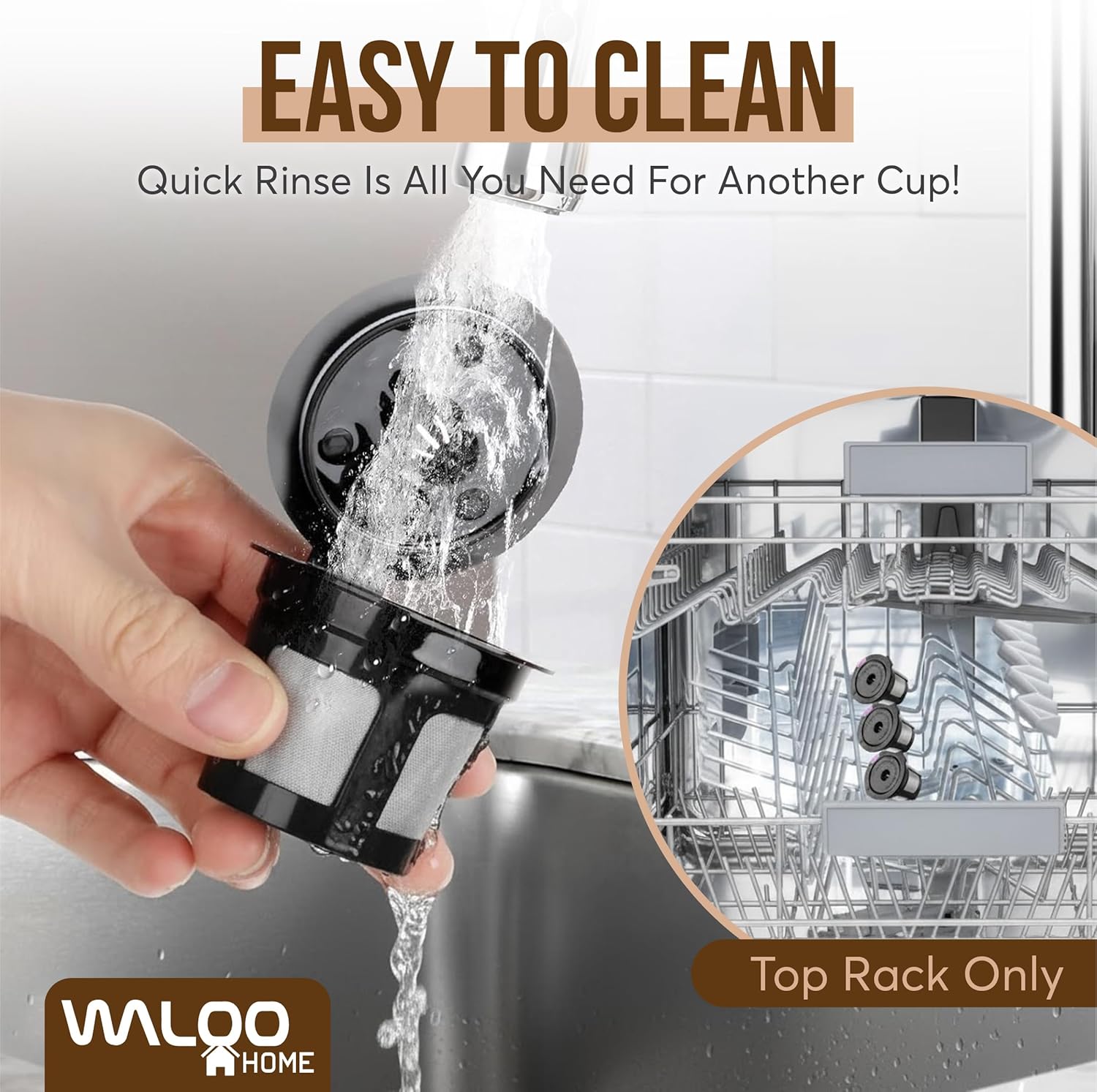 Waloo Reusable Single Serve Coffee Pods - Compatible with Coffee Brewers - Universal Coffee Filters - Eco-Friendly Stainless Mesh Refillable K-Cups - 2, 4 & 6 Pack - Dishwasher Safe (6 Pack - Black)
