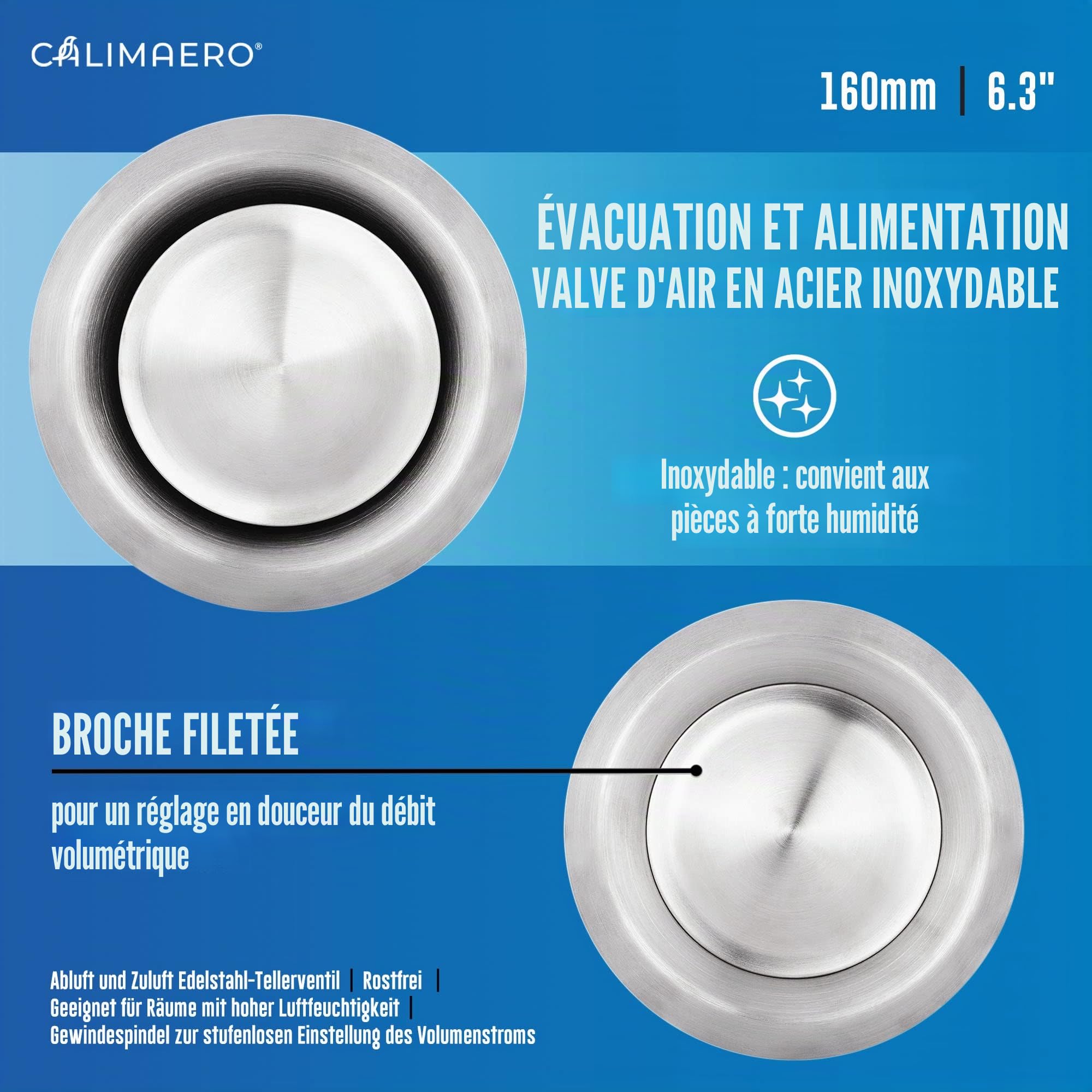 TVE Ronde Grille d'Aération Réglable 160 mm, Inox