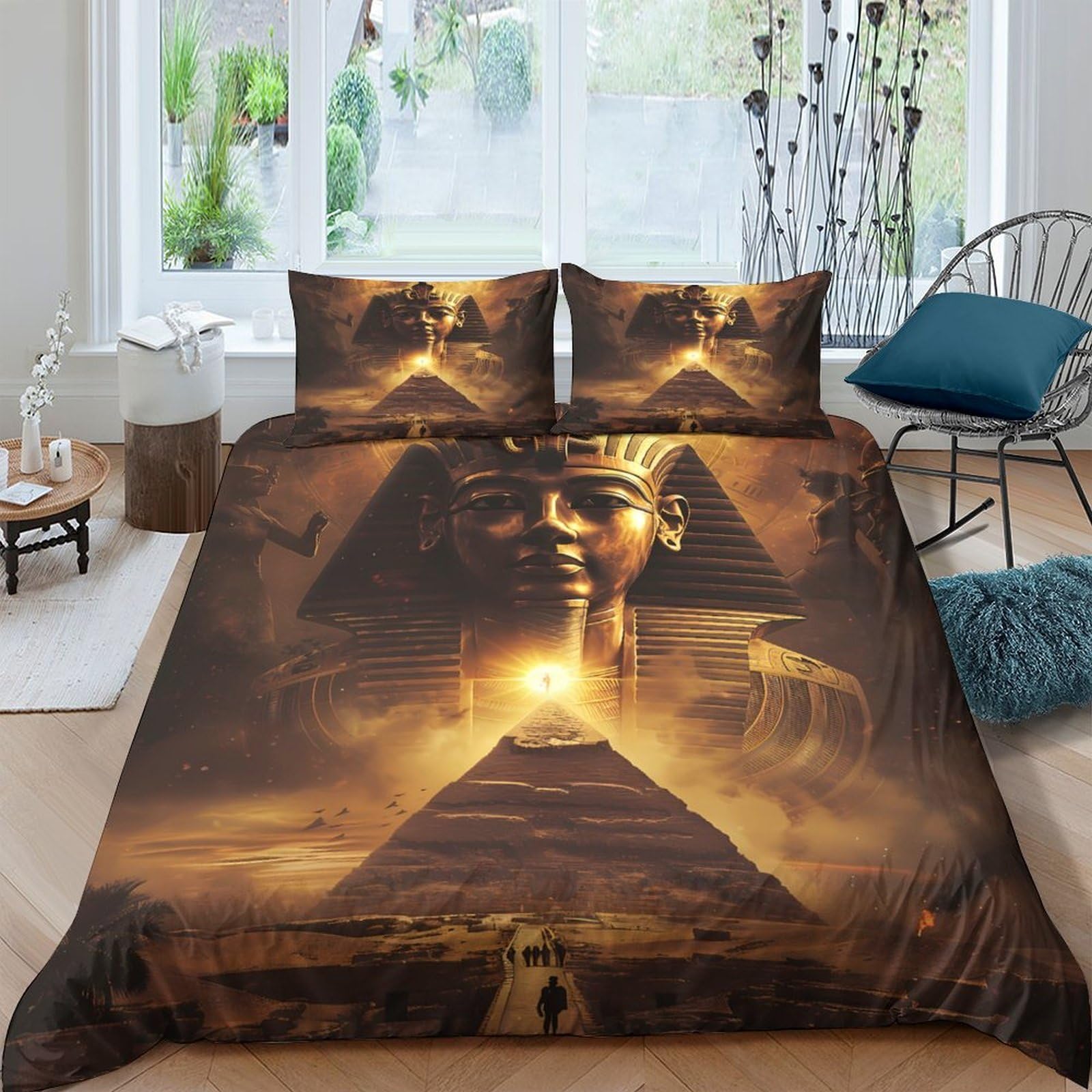 Ctjqhvkz Style-7 3D Printed Egyptian Pyramid Fitted Sheet Microfiber Gold Sphinx Mattress Cover For Bedroom Home Decor, Machine Washable Single（135X200cm）