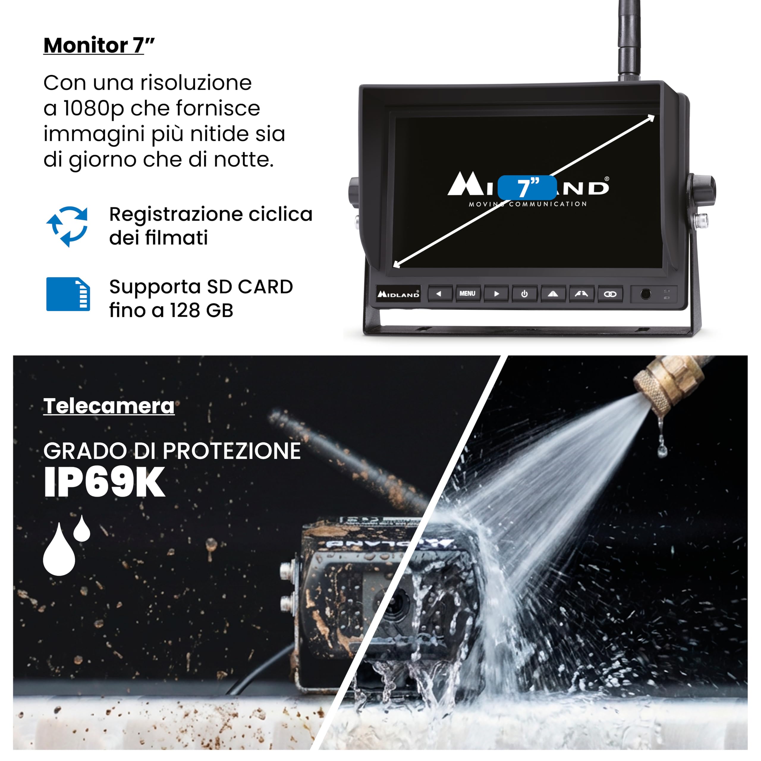 Midland - Dash Cam Camion Truck Guardian PRO, Retrocamera Camion per Manovra e Sorveglianza - Telecamera Senza Fili Retromarcia FullHD, Visione Notturna, 4 Telecamere, Registrazione SD