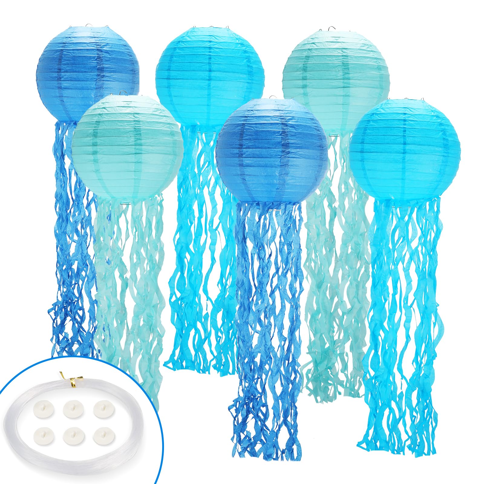 Jellyfish Paper Lanterns,Under The Sea Party Decorations 6Pack with String and Hooks,Hanging Jelly Fish for Mermaid,Ocean Themed,Birthday,Party(Blue 8Inch)