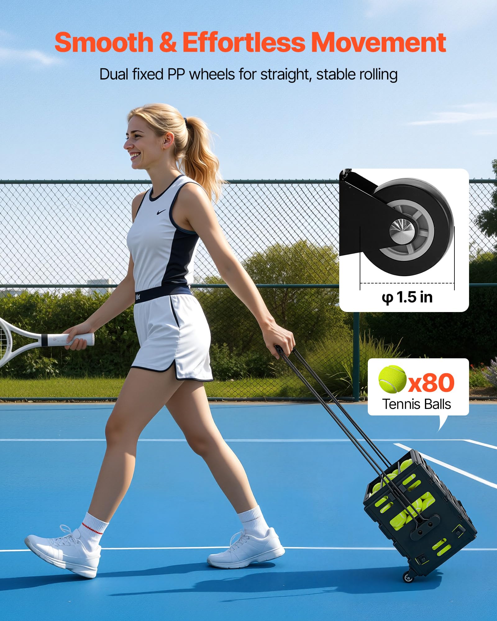 VEVOR Panier à Balles de Tennis, Capacité de 80 Balles, Panier Ramasse-Balles Portable avec roulettes, Chariot de Rangement pour Entraînement et Transport de Tennis et Pickleball, Poignée Convertible