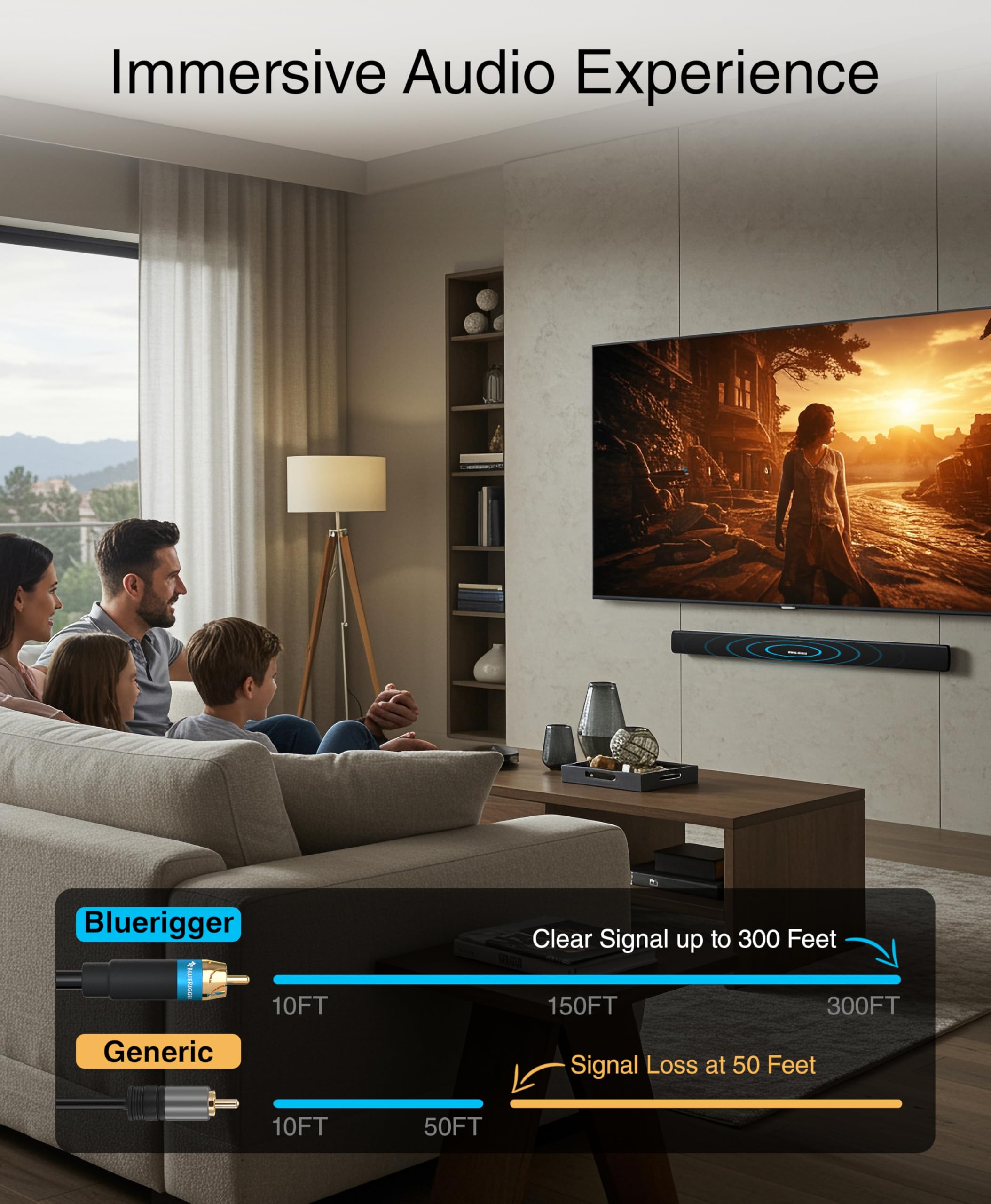 BlueRigger Cavo audio RCA per subwoofer, 2,4 m, confezione da 2, doppia schermatura, con connettori RCA placcati oro, per subwoofer, amplificatore, home theater