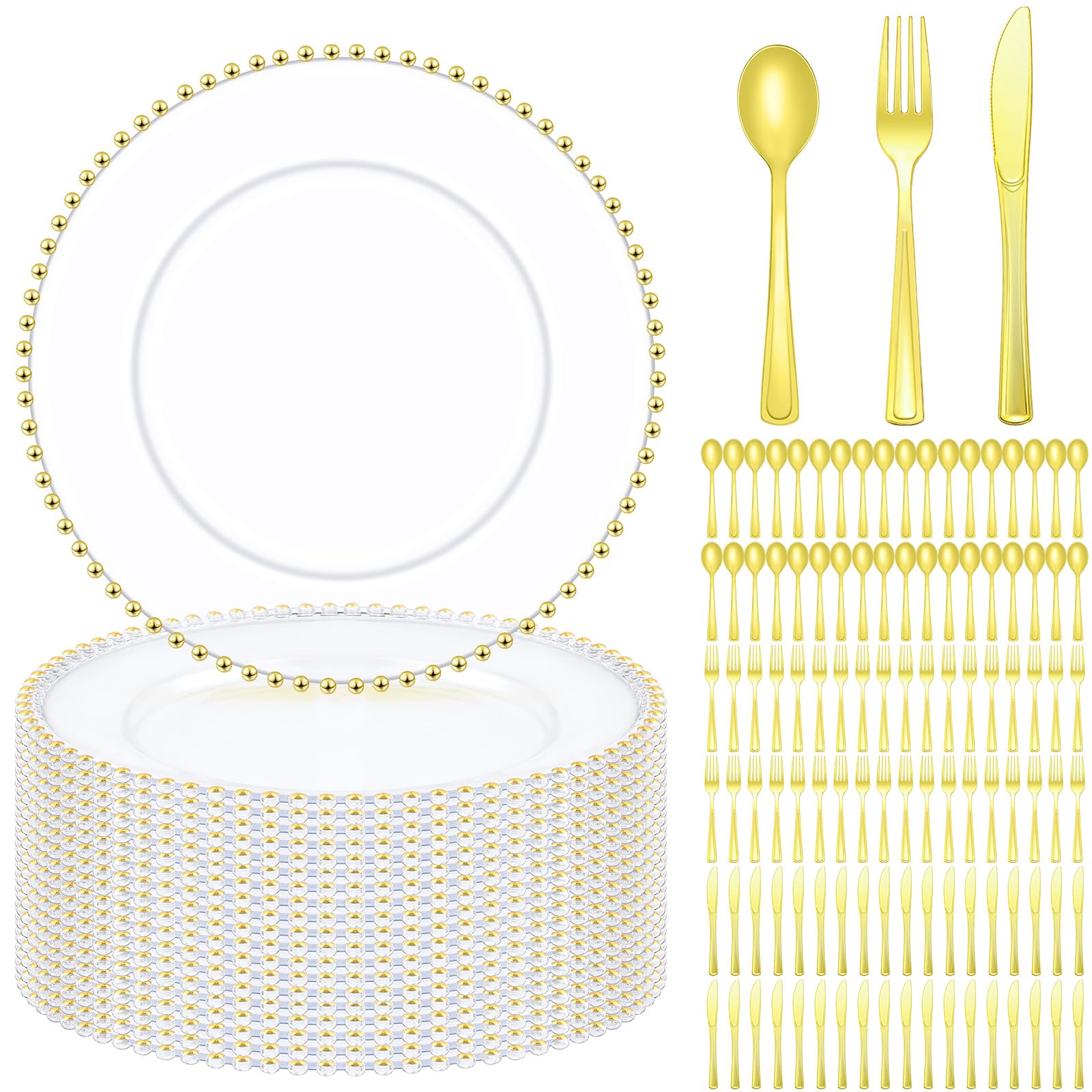Photo 1 of **ONLY THE PLATES**  Dandat 13 Inch Clear Charger Plates with Beaded Rim Plastic Silverware Round Dinner Plate Chargers Plastic Cutlery for Wedding Party Birthday Table Decoration (Gold,50 Set)