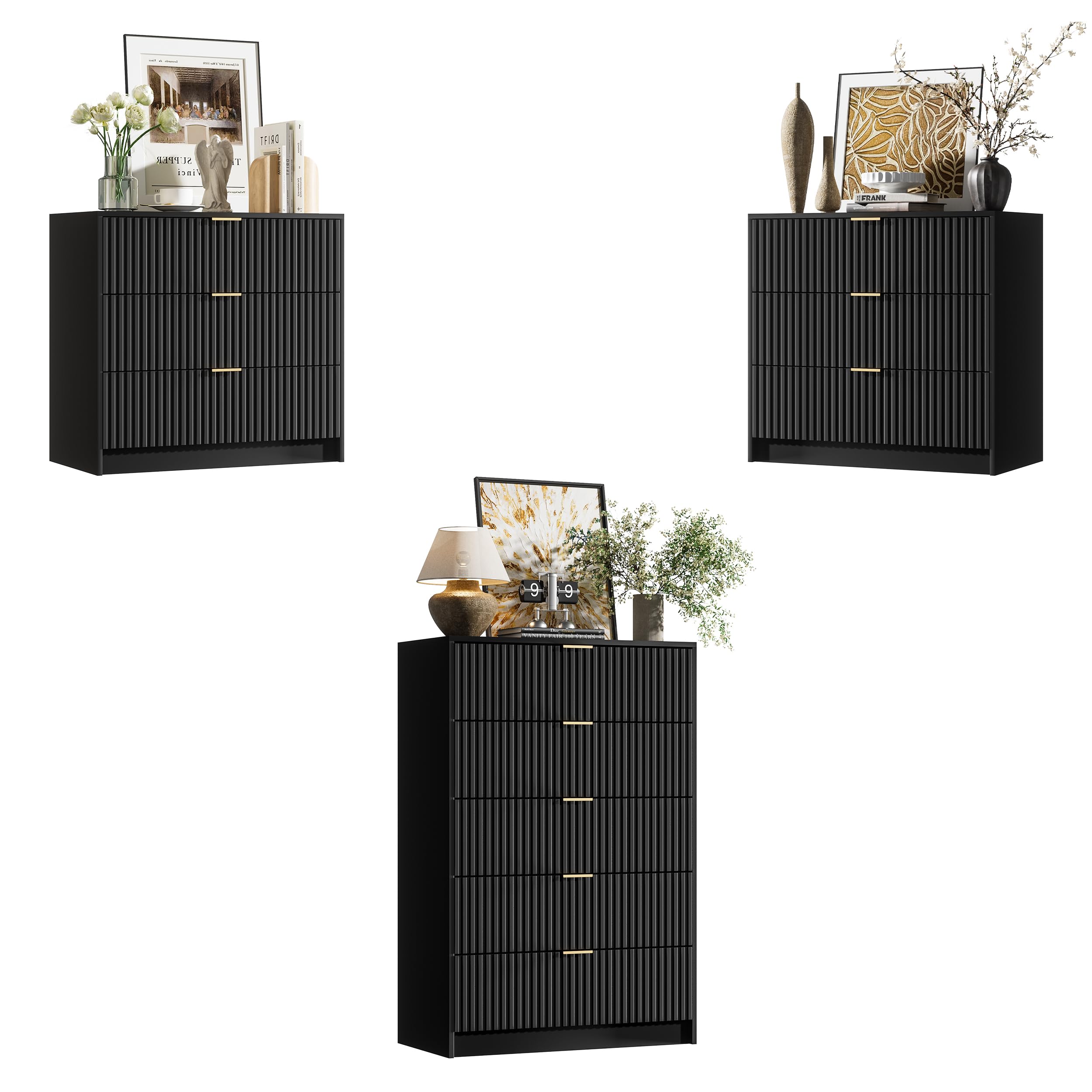 3 Piece Modern Bedroom Set, 5 Drawer Dresser with 2 Nightstands, Black