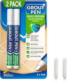 Rainbow Chalk Markers Grout Pen White: Waterproof Tile Grout Paint Marker & Sealer, Narrow 5mm Tip 2-Pack with Extra Tips for Revived Floors