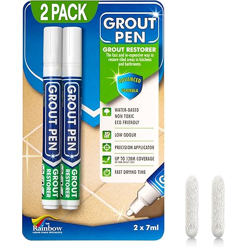 Grout Pen White Tile Grout Paint Marker: Waterproof Tile Grout Colorant and Sealer Pens for Cleaner Looking Floors & Whitener Without Bleach - Narrow 5mm, 2 Pack with Extra Tips (7mL) - White