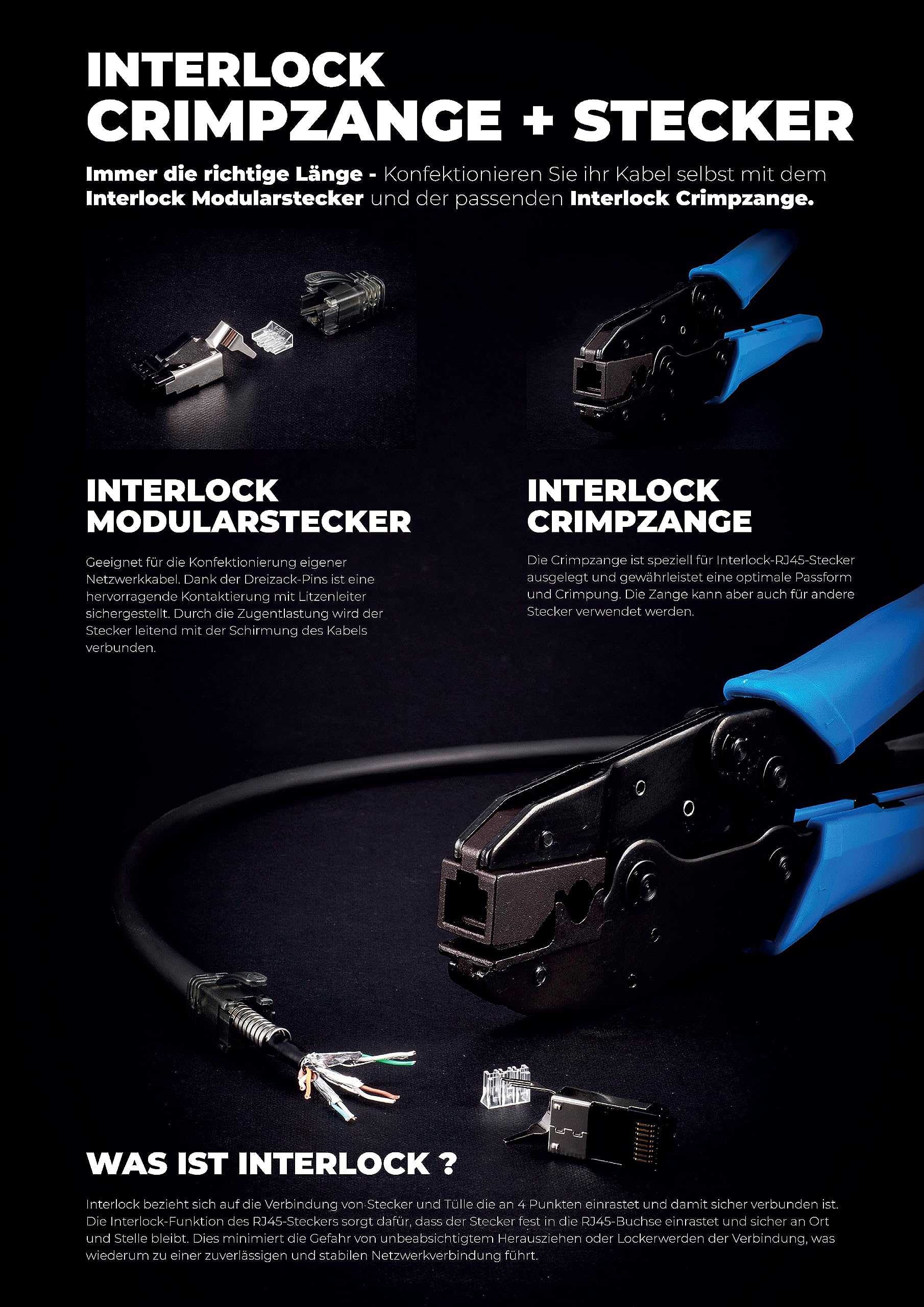1aTTack.de - Pince à sertir pour fiches modulaires RJ45, interlock, câbles réseau Flex Armor