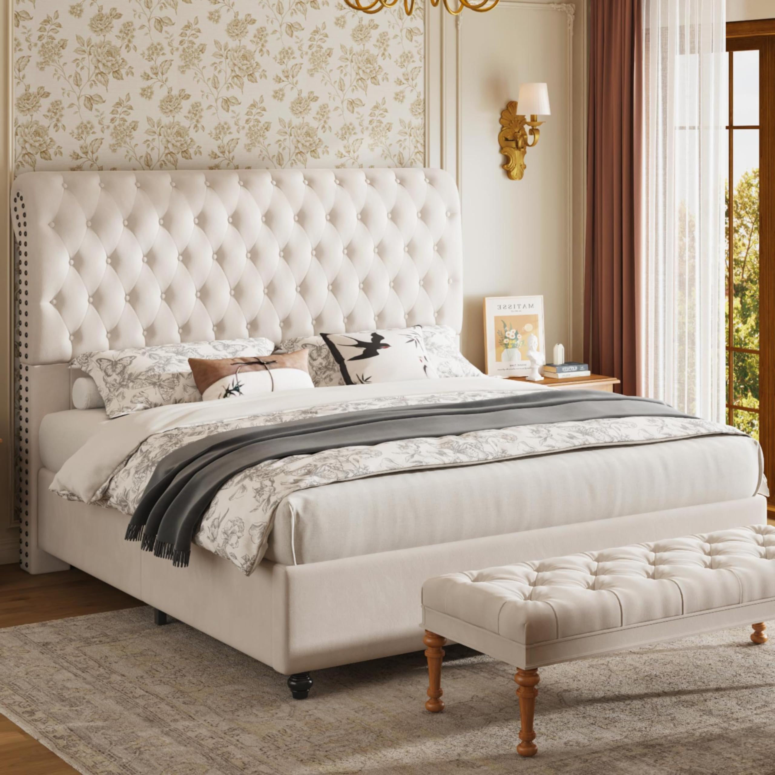 Amazon.com: Jocisland King Bed Frame with Headboard, Velvet Sleigh
